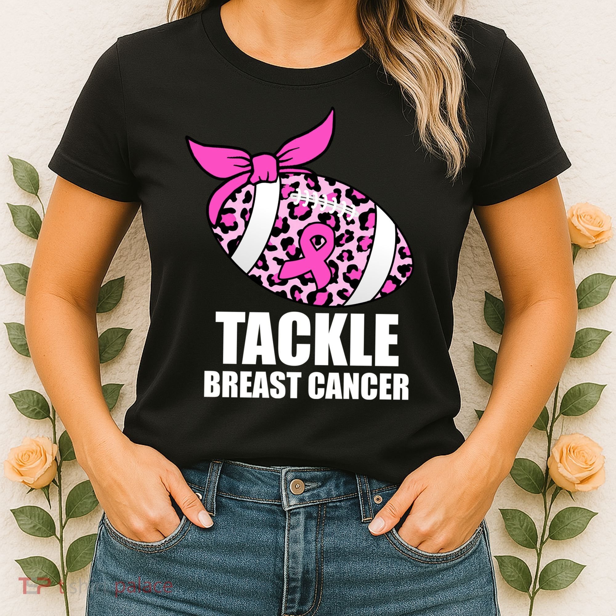 Tackle Breast Cancer Pink Leopard Football Women's T-Shirt