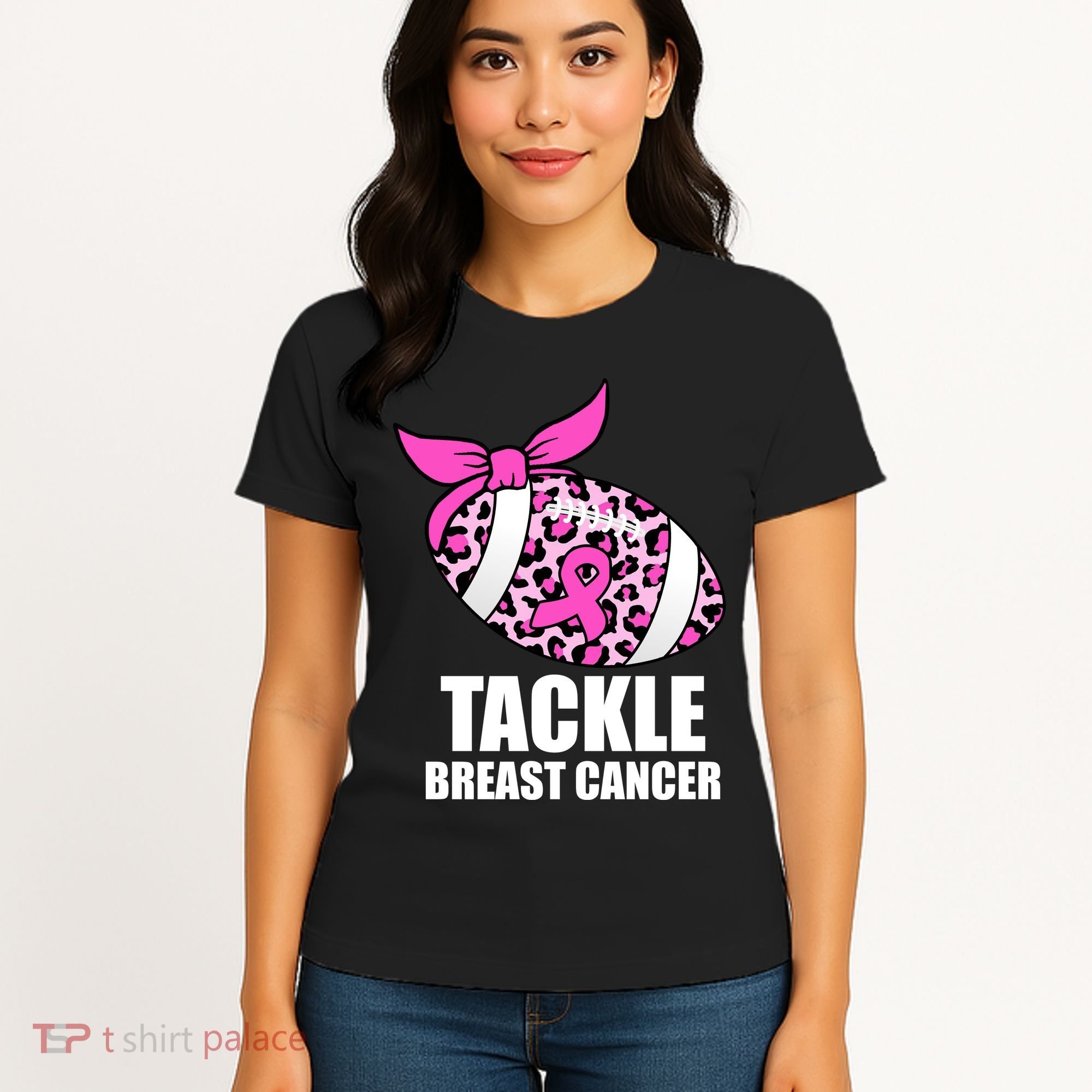 Tackle Breast Cancer Pink Leopard Football Women's T-Shirt