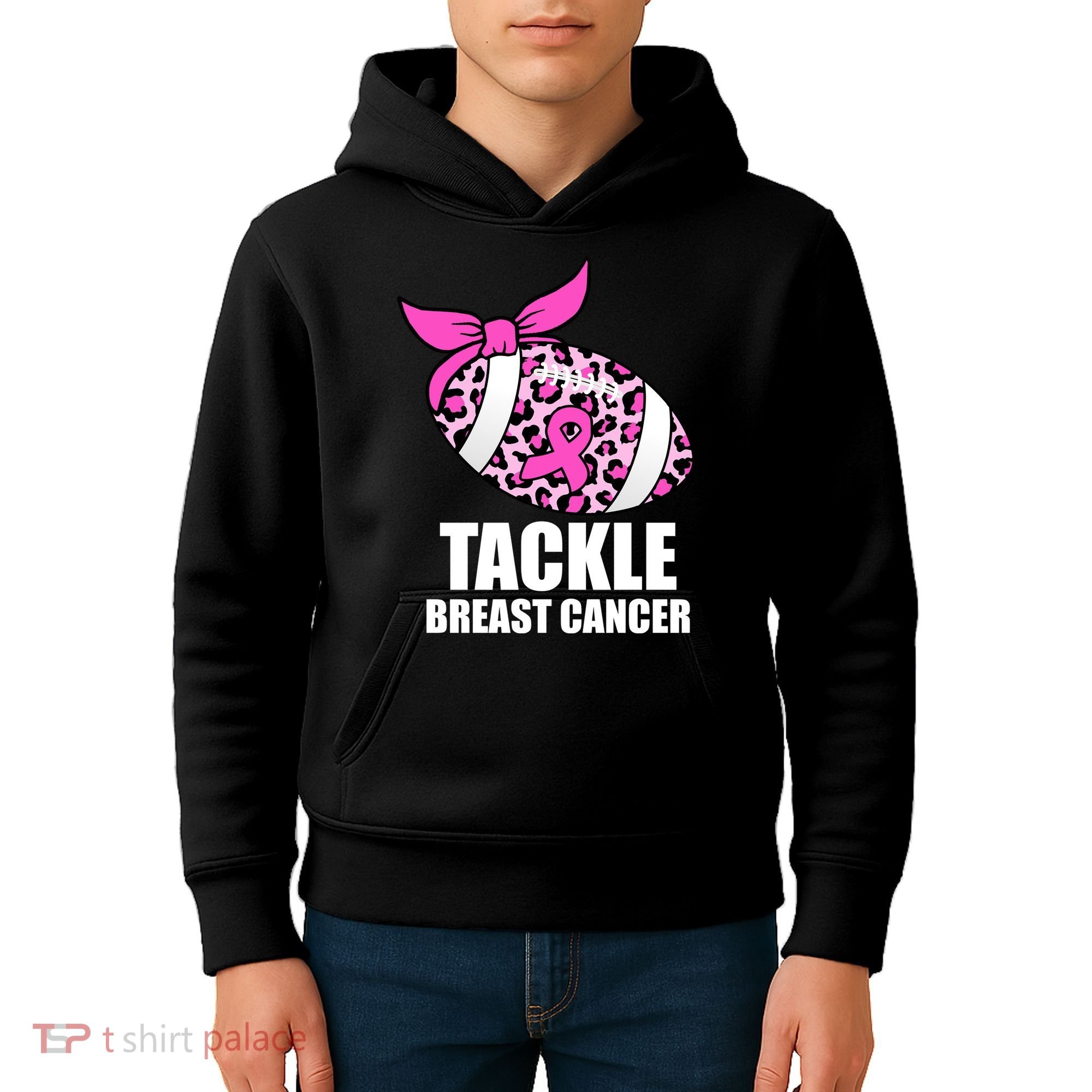 Tackle Breast Cancer Pink Leopard Football Kids Hoodie