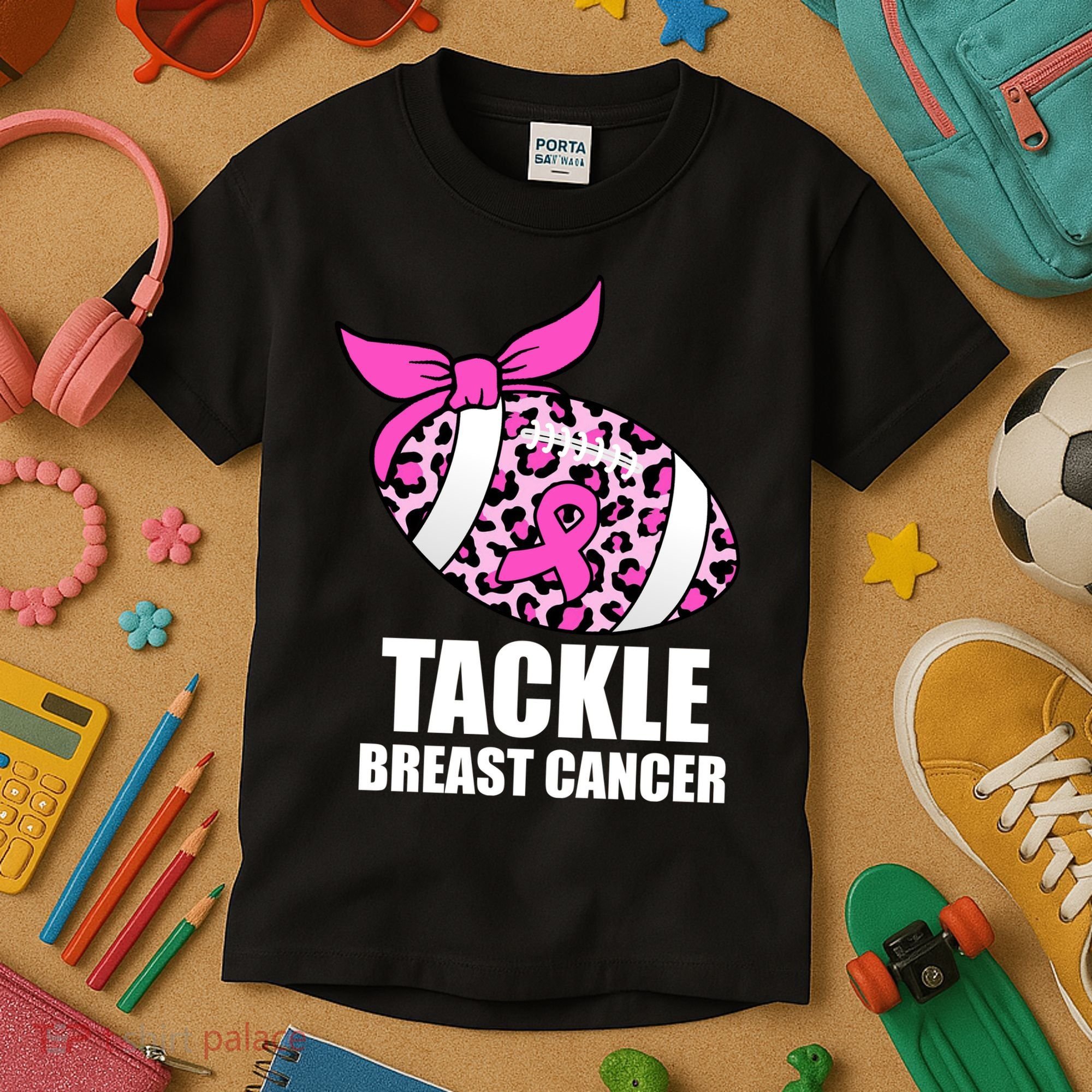 Tackle Breast Cancer Pink Leopard Football Kids T-Shirt