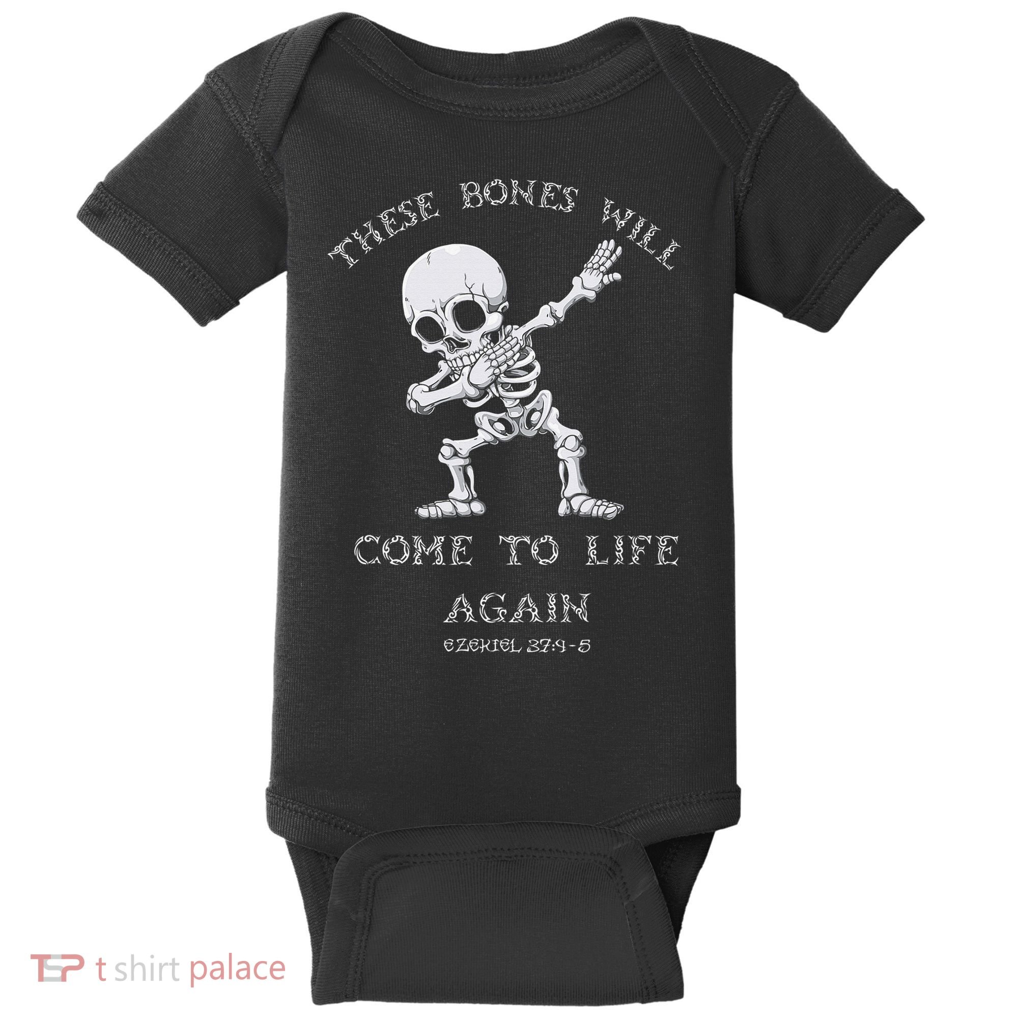 These Bones Ezekiel Christian Halloween Dabbing Skeleton  Baby Bodysuit