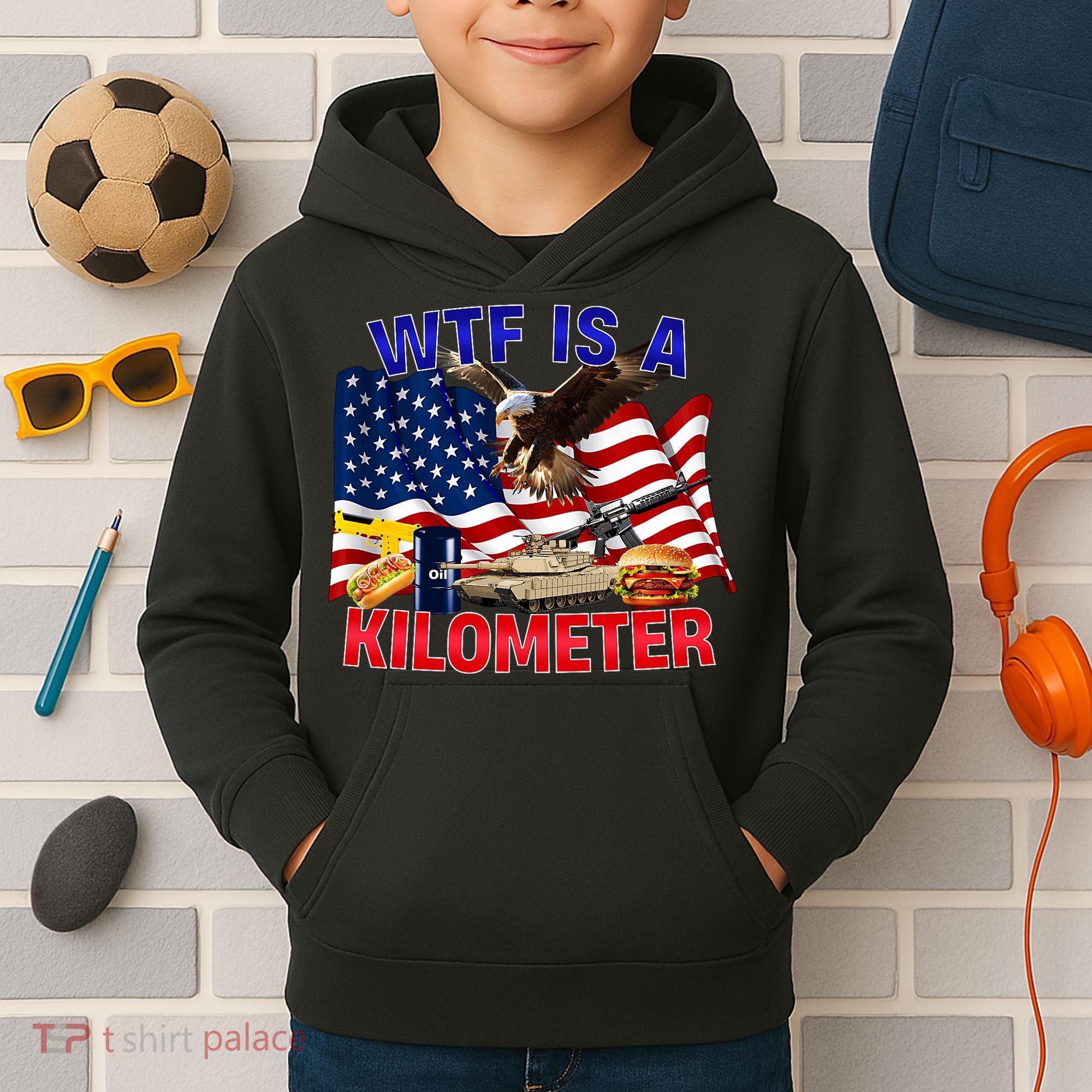 The Bald Eagle American Flag Wtf Is A Kilometer Kids Hoodie