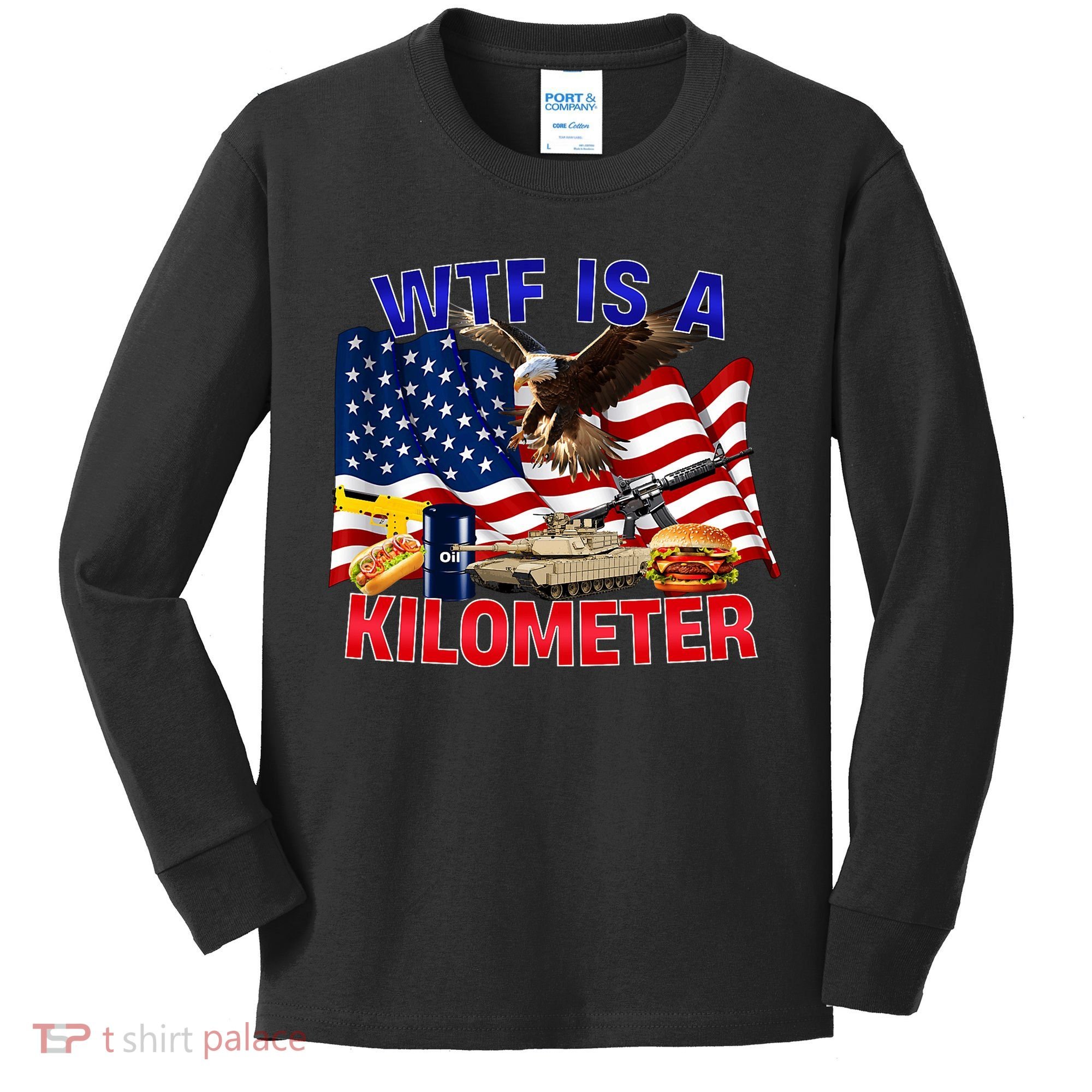 The Bald Eagle American Flag Wtf Is A Kilometer Kids Long Sleeve Shirt