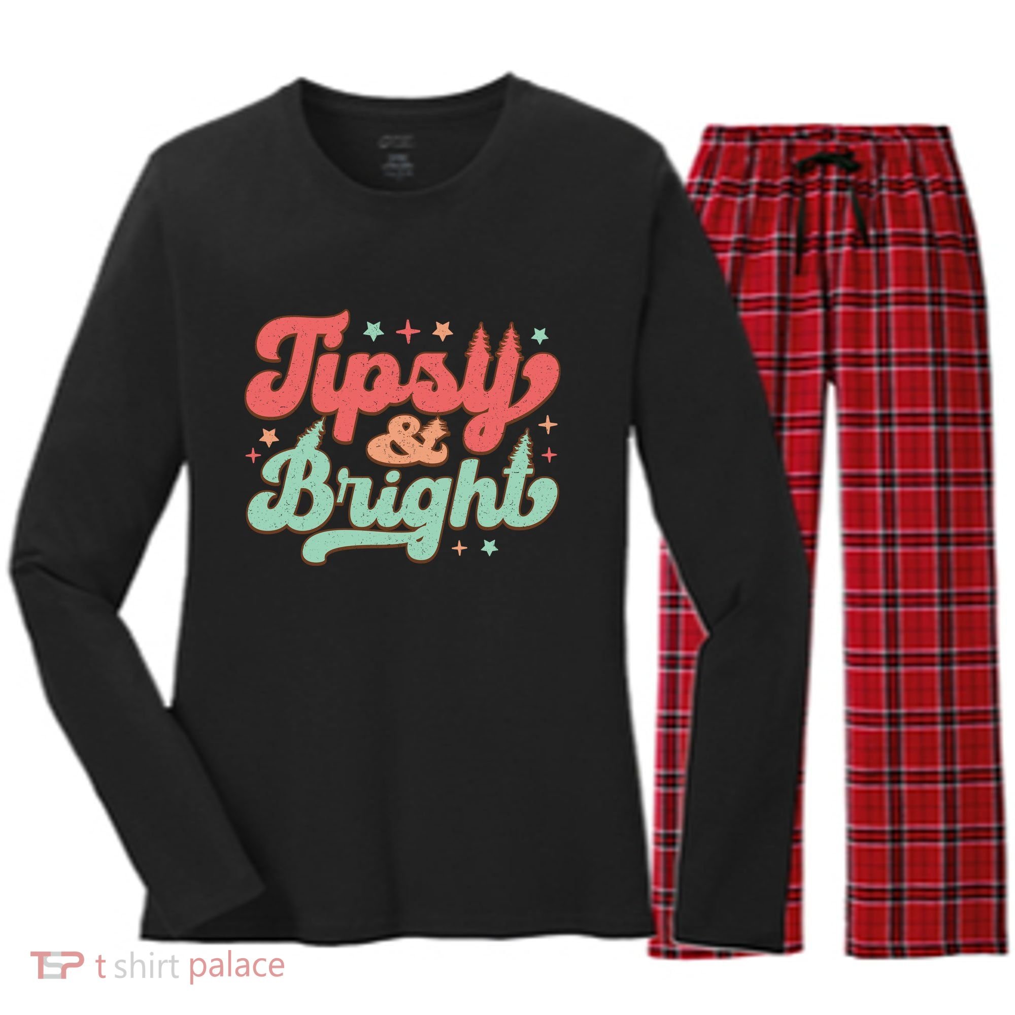 Tipsy & Bright Festive Graphic Women's Long Sleeve Flannel Pajama Set 