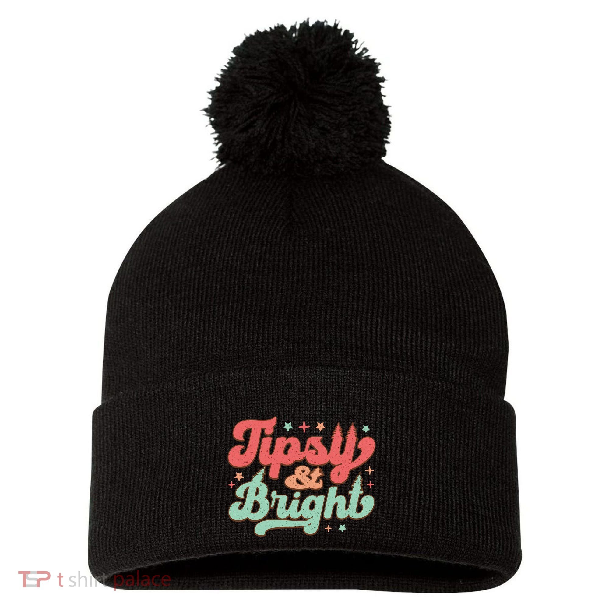 Tipsy & Bright Festive Graphic Pom Pom 12in Knit Beanie