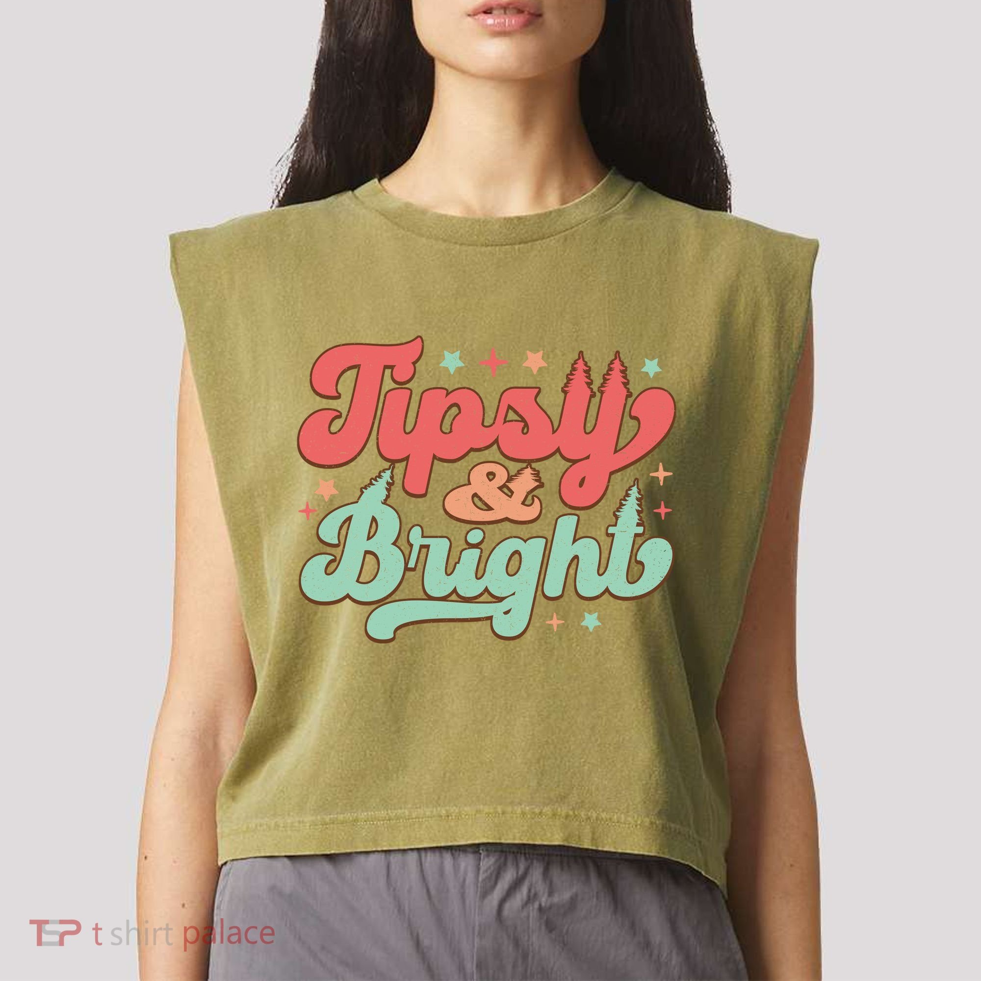 Tipsy & Bright Festive Graphic Garment-Dyed Women's Muscle Tee