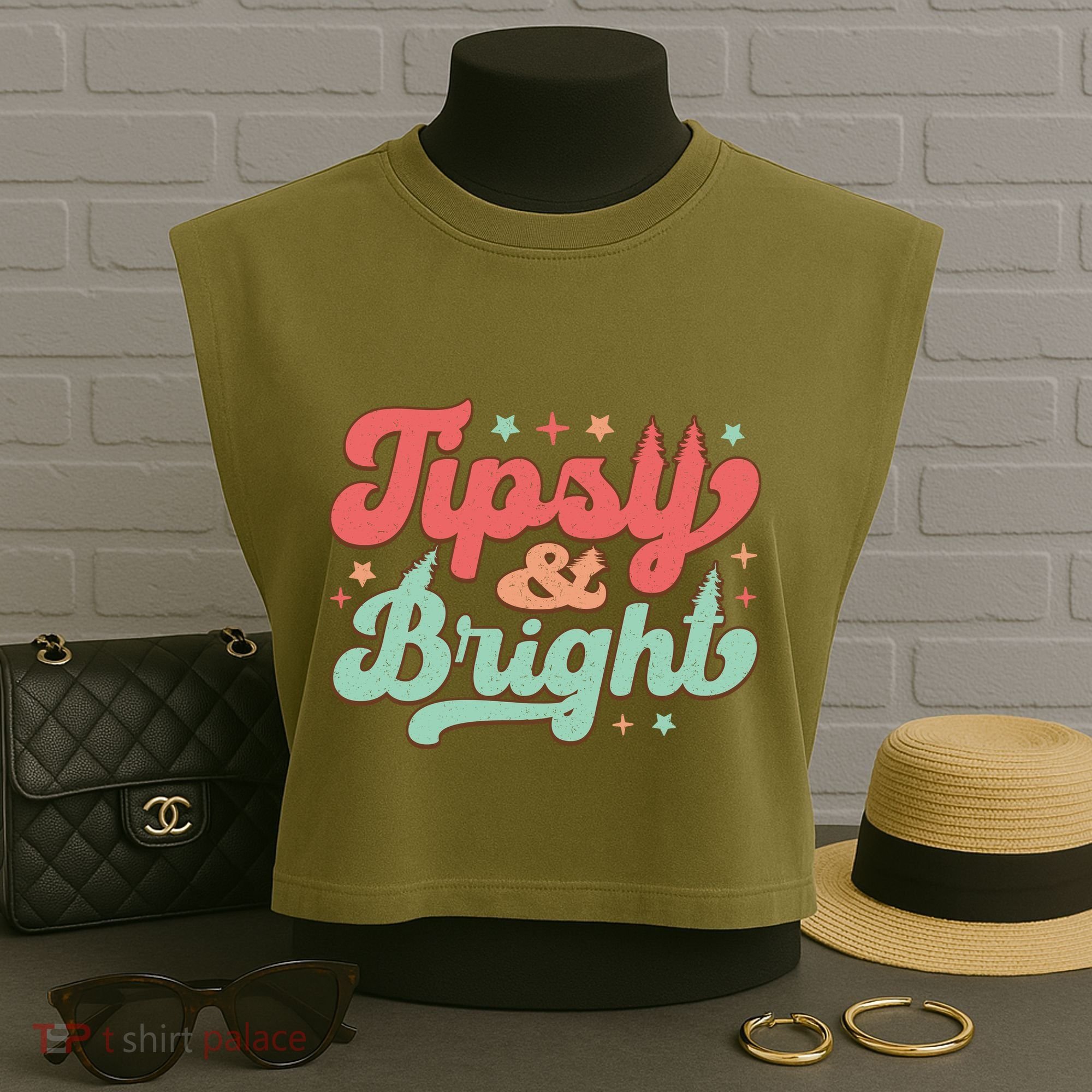 Tipsy & Bright Festive Graphic Garment-Dyed Women's Muscle Tee