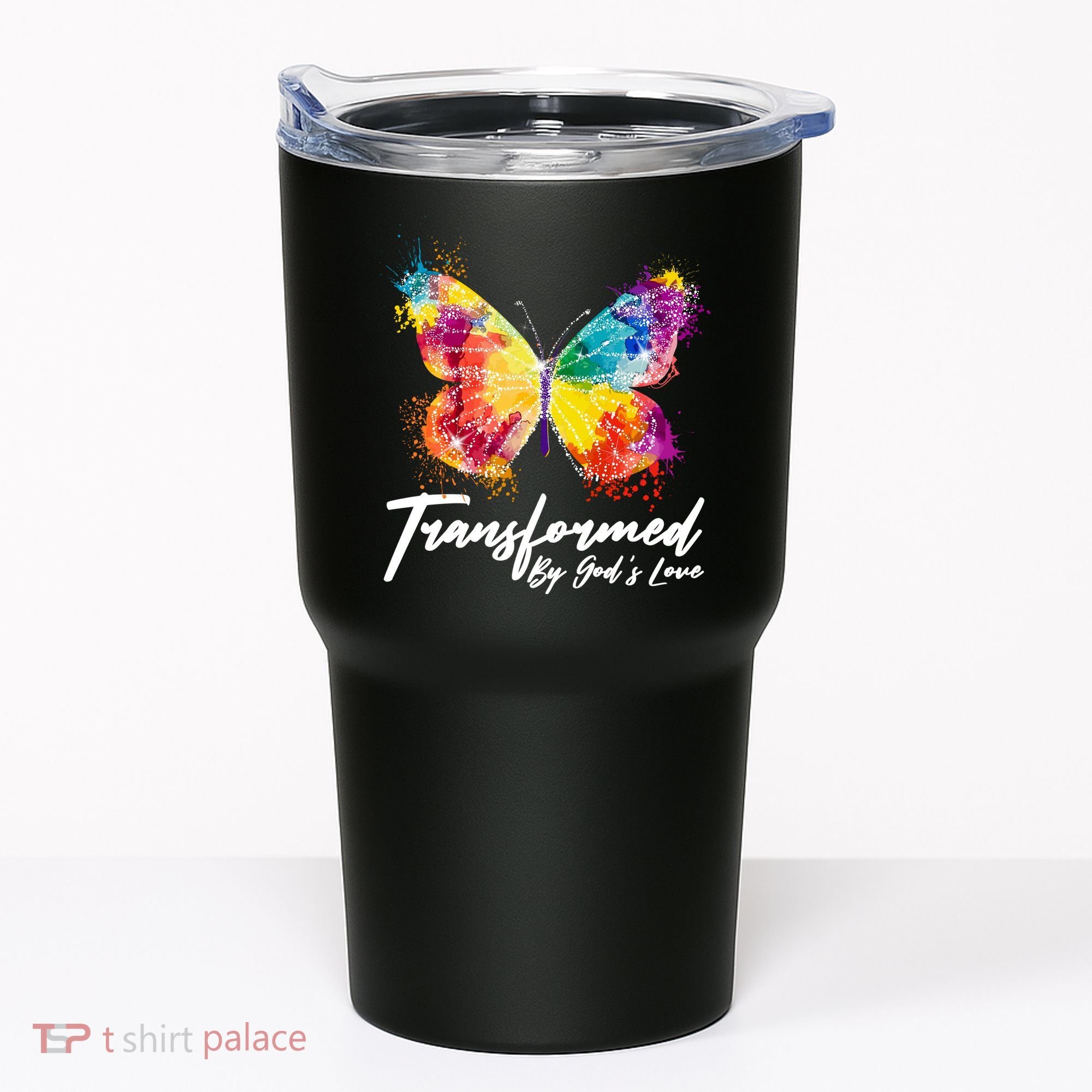 Transformed By Gods Love Painted Butterfly Tumbler
