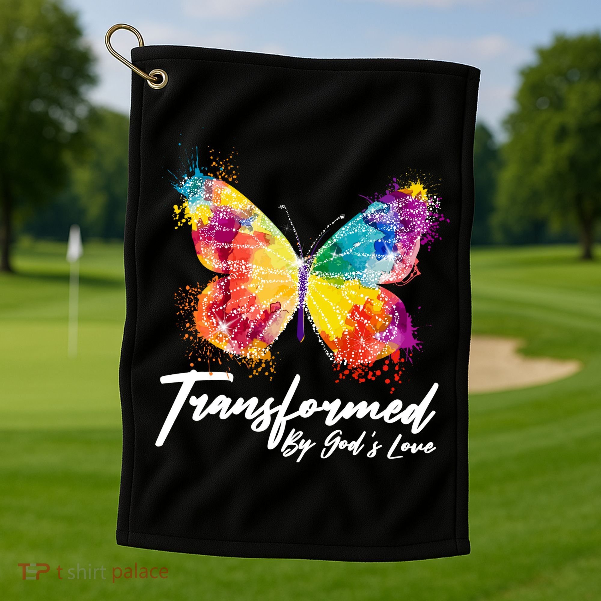 Transformed By Gods Love Painted Butterfly Golf Towel