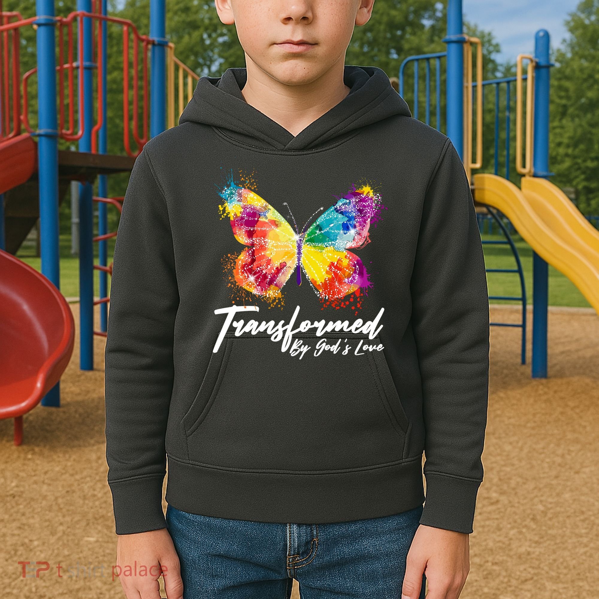 Transformed By Gods Love Painted Butterfly Kids Hoodie