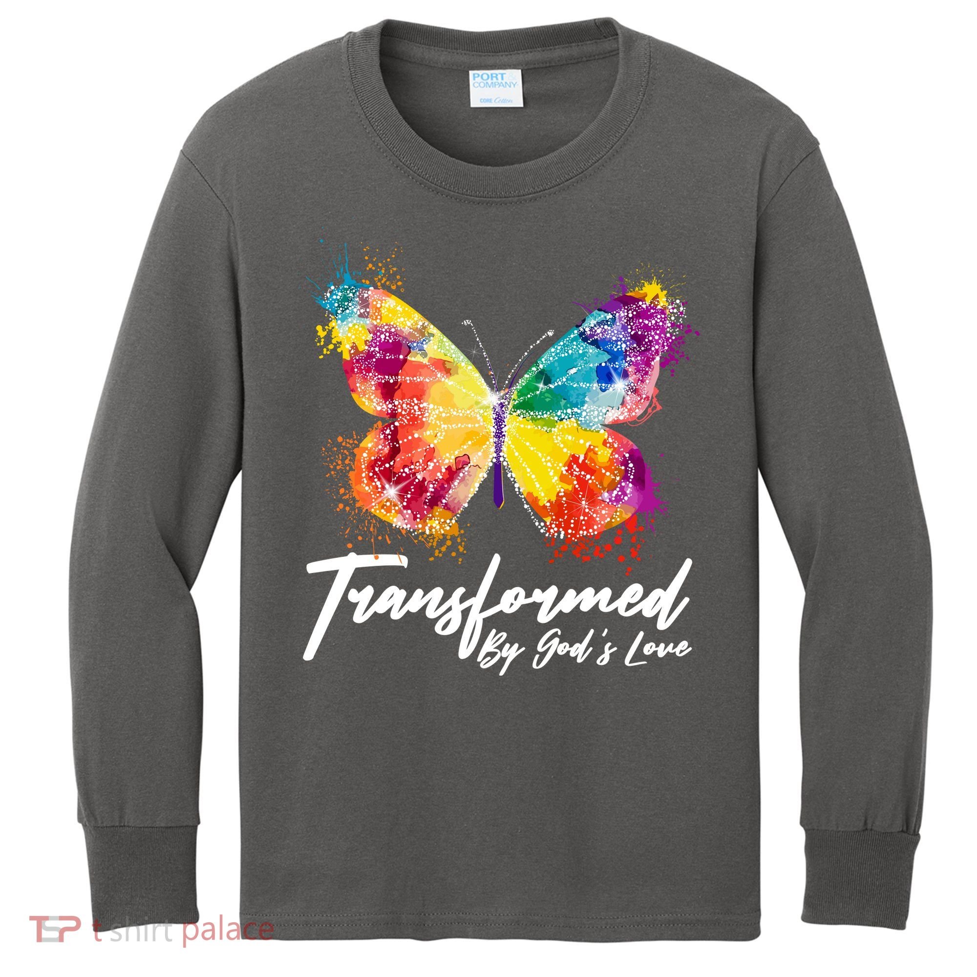 Transformed By Gods Love Painted Butterfly Kids Long Sleeve Shirt