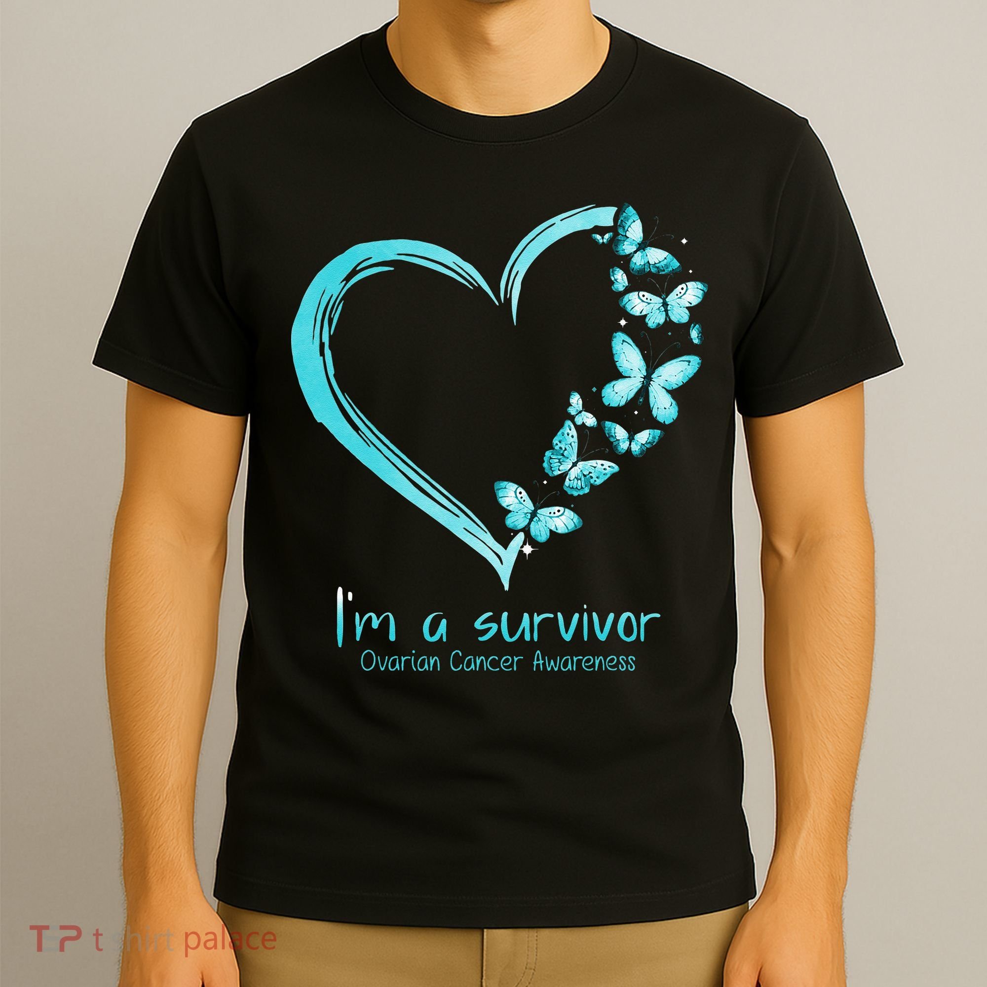 Teal Butterfly Heart Im A Survivor Ovarian Cancer Awareness T-Shirt