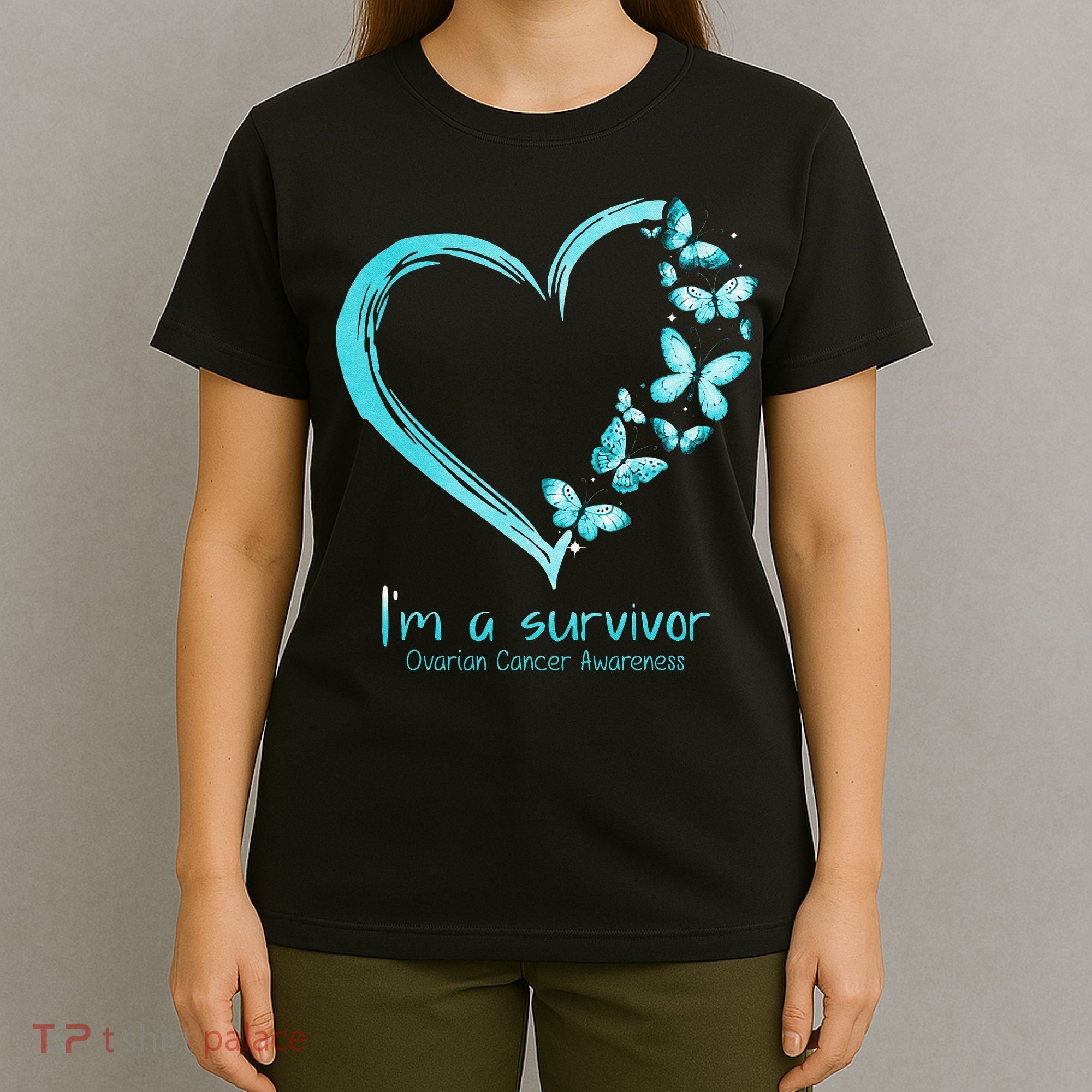 Teal Butterfly Heart Im A Survivor Ovarian Cancer Awareness T-Shirt