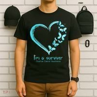 Teal Butterfly Heart Im A Survivor Ovarian Cancer Awareness T-Shirt thumb 6