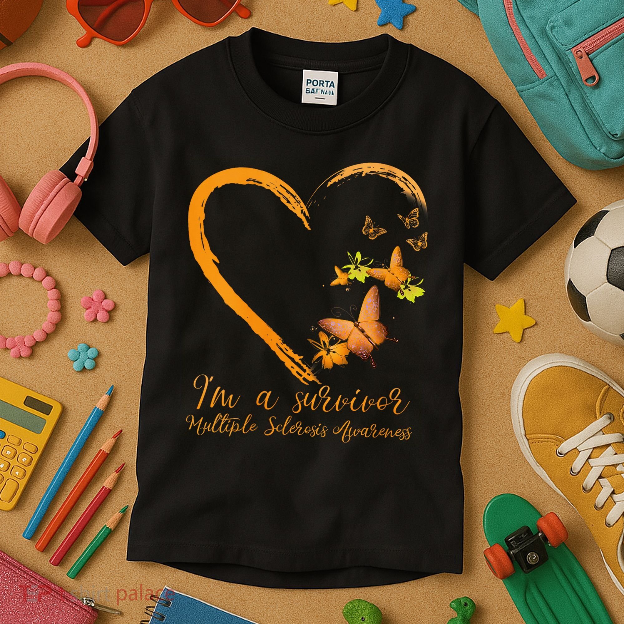 Teal Butterfly Heart Survivor Multiple Sclerosis Awareness Kids T-Shirt