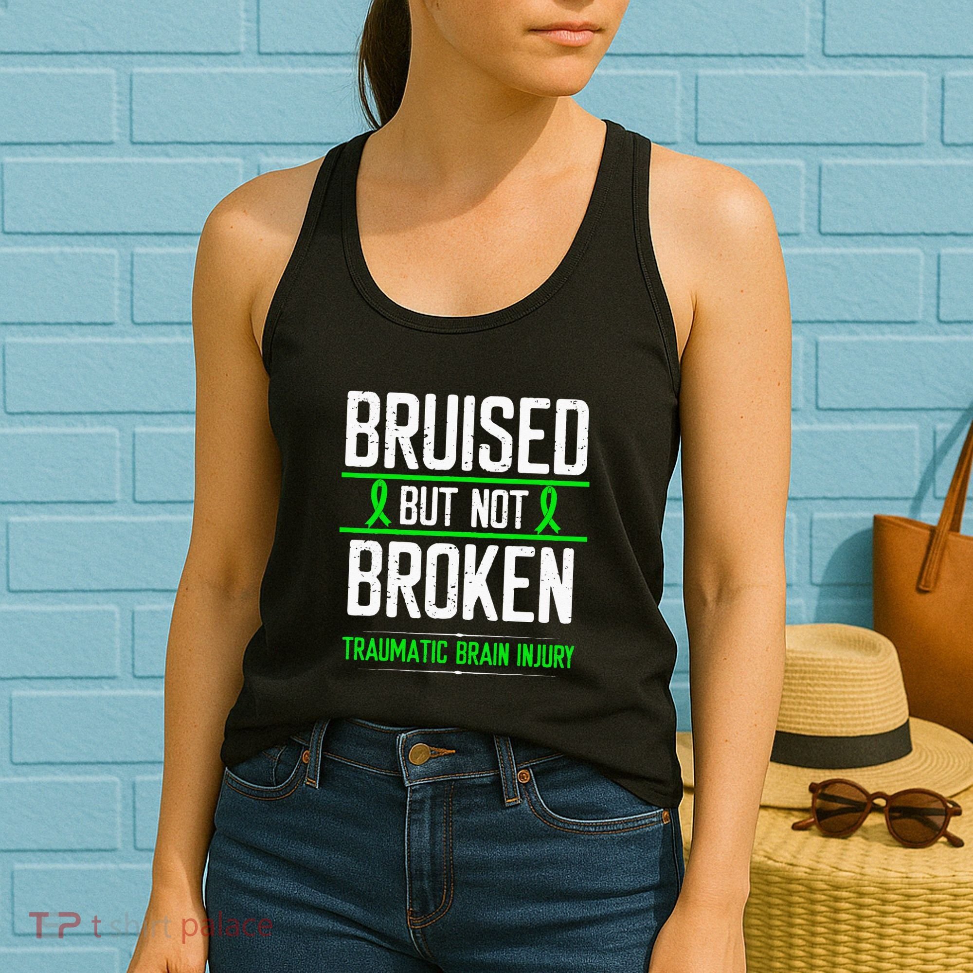 Traumatic Brain Injury Awareness Bruised Broken Green Ribbon Women's Tank Top