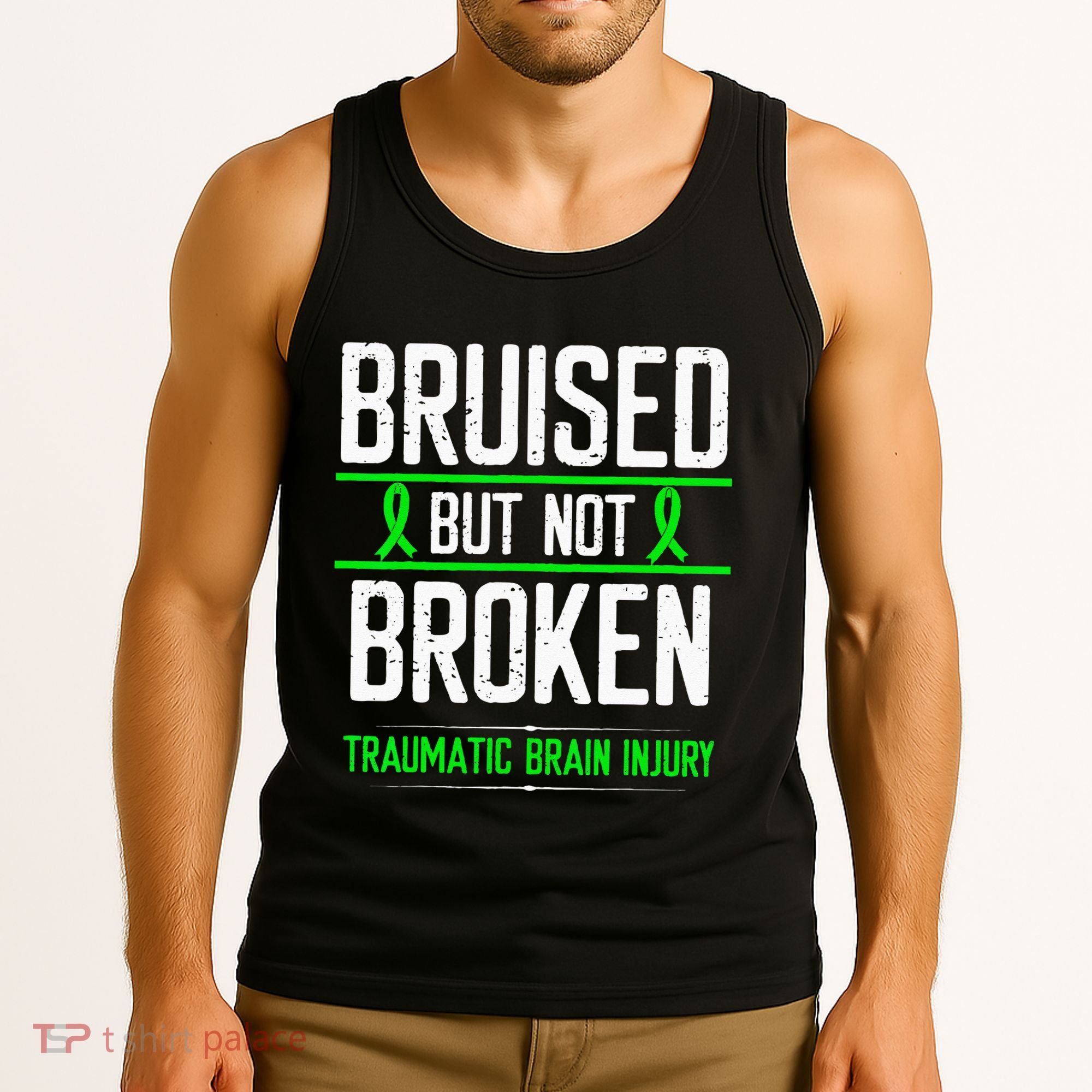 Traumatic Brain Injury Awareness Bruised Broken Green Ribbon Tank Top
