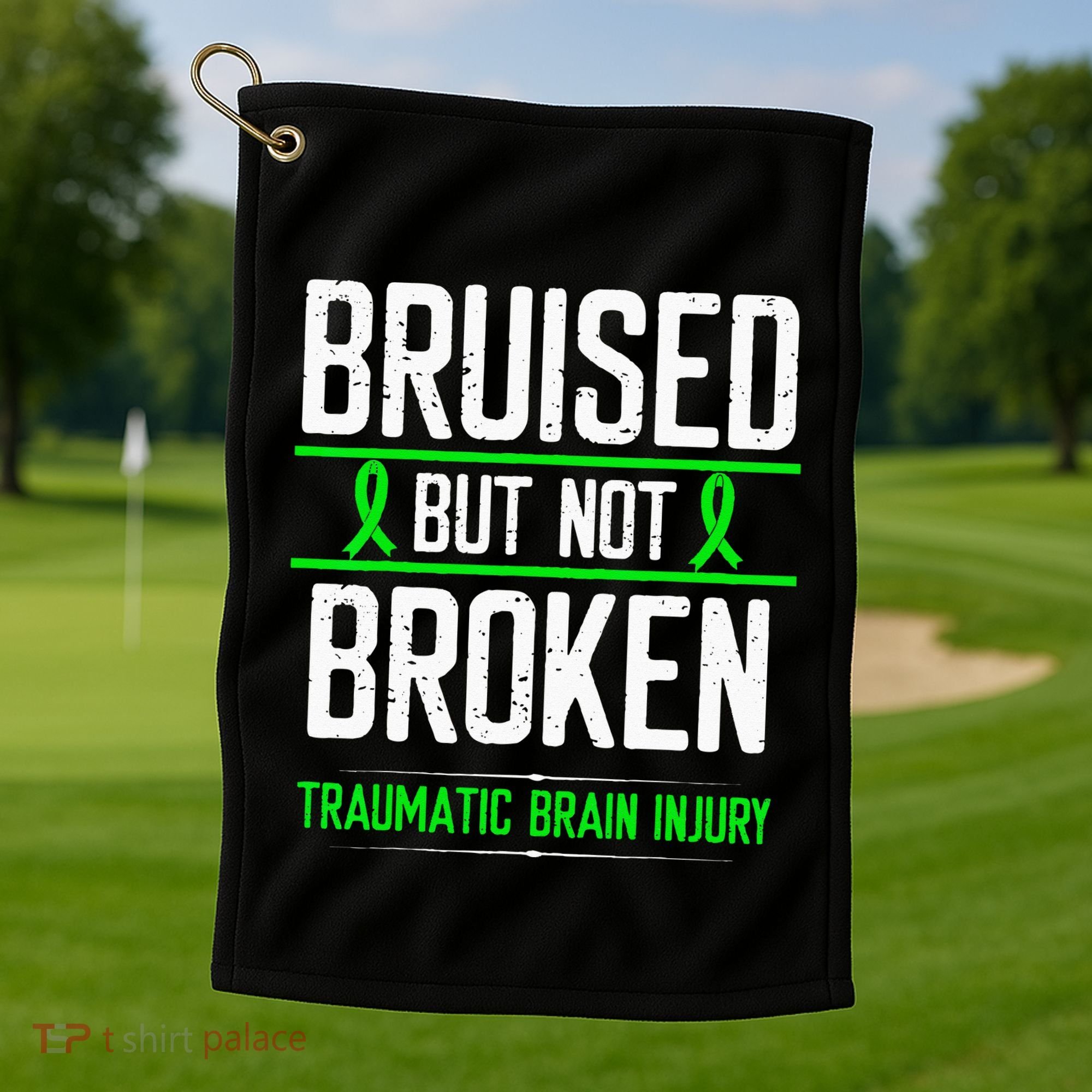 Traumatic Brain Injury Awareness Bruised Broken Green Ribbon Golf Towel