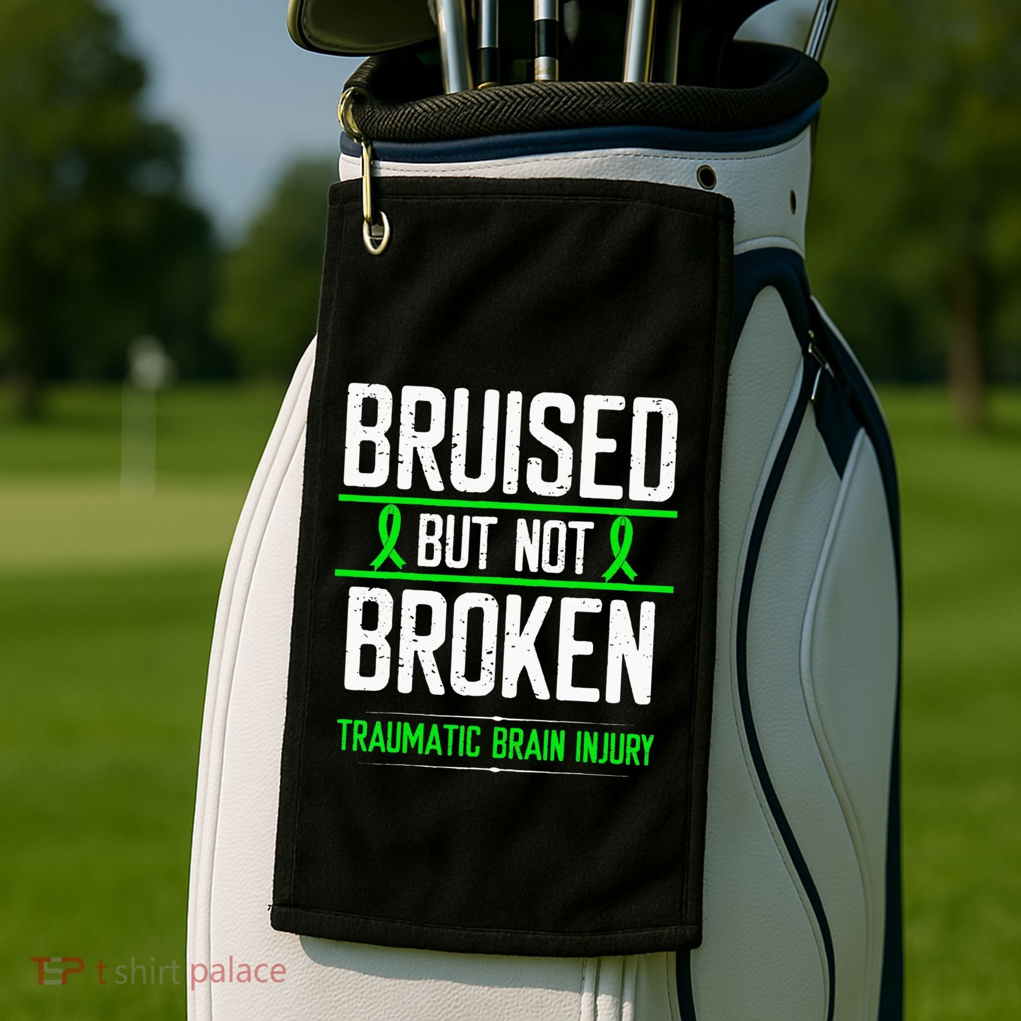 Traumatic Brain Injury Awareness Bruised Broken Green Ribbon Golf Towel
