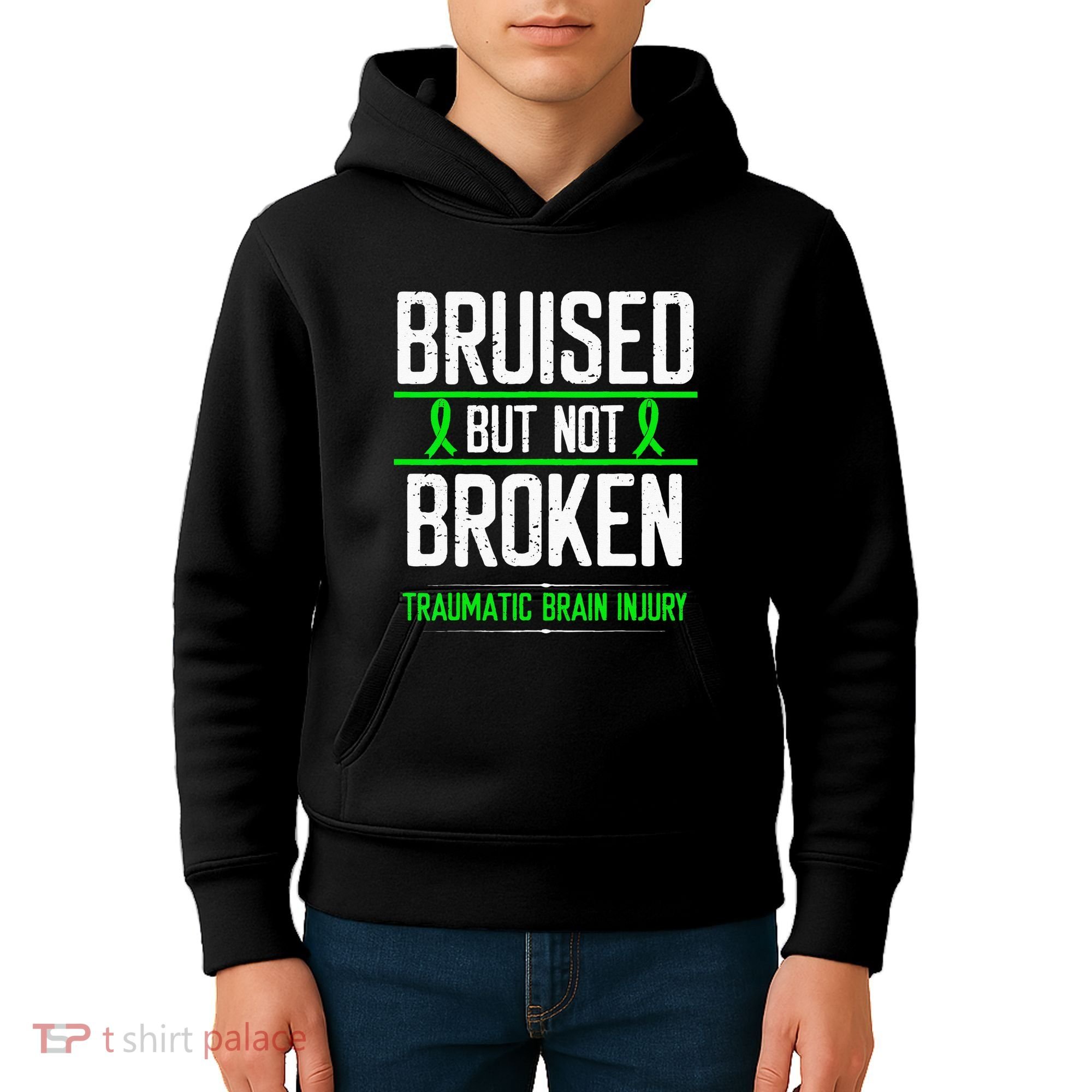 Traumatic Brain Injury Awareness Bruised Broken Green Ribbon Kids Hoodie