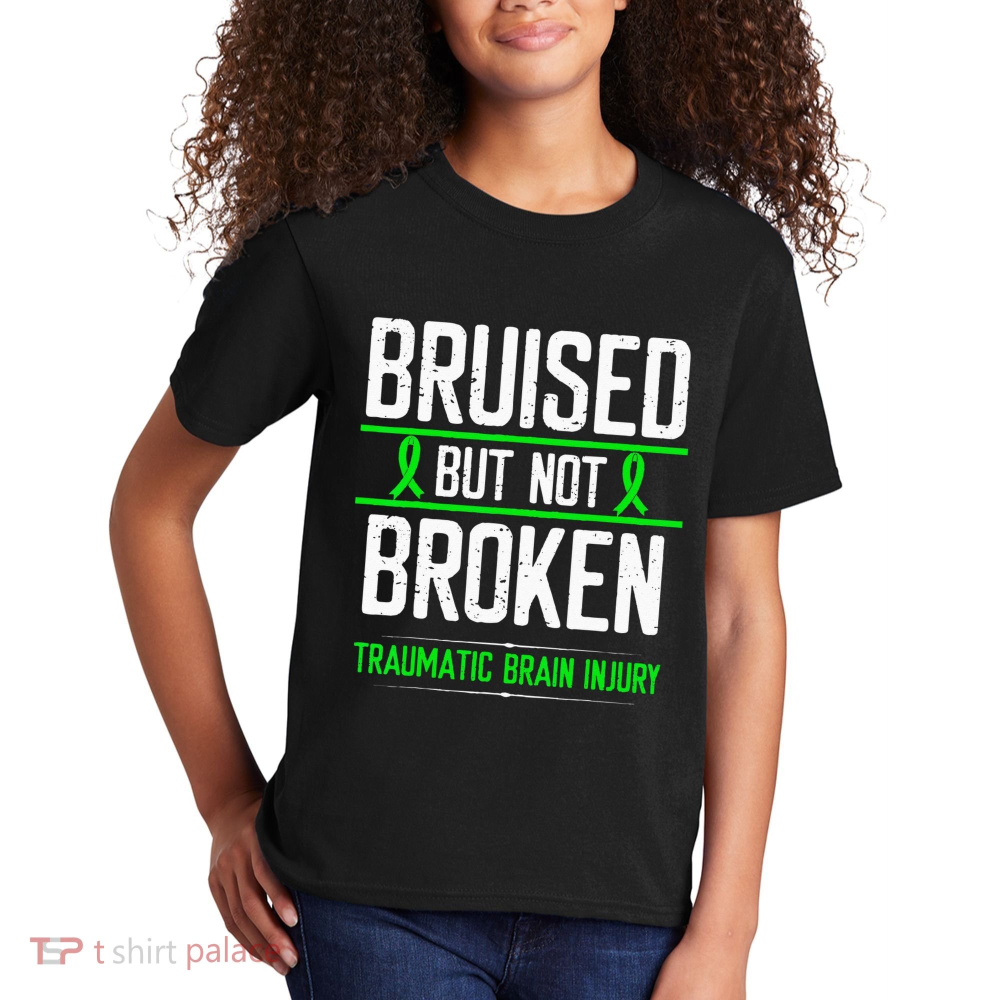 Traumatic Brain Injury Awareness Bruised Broken Green Ribbon Kids T-Shirt