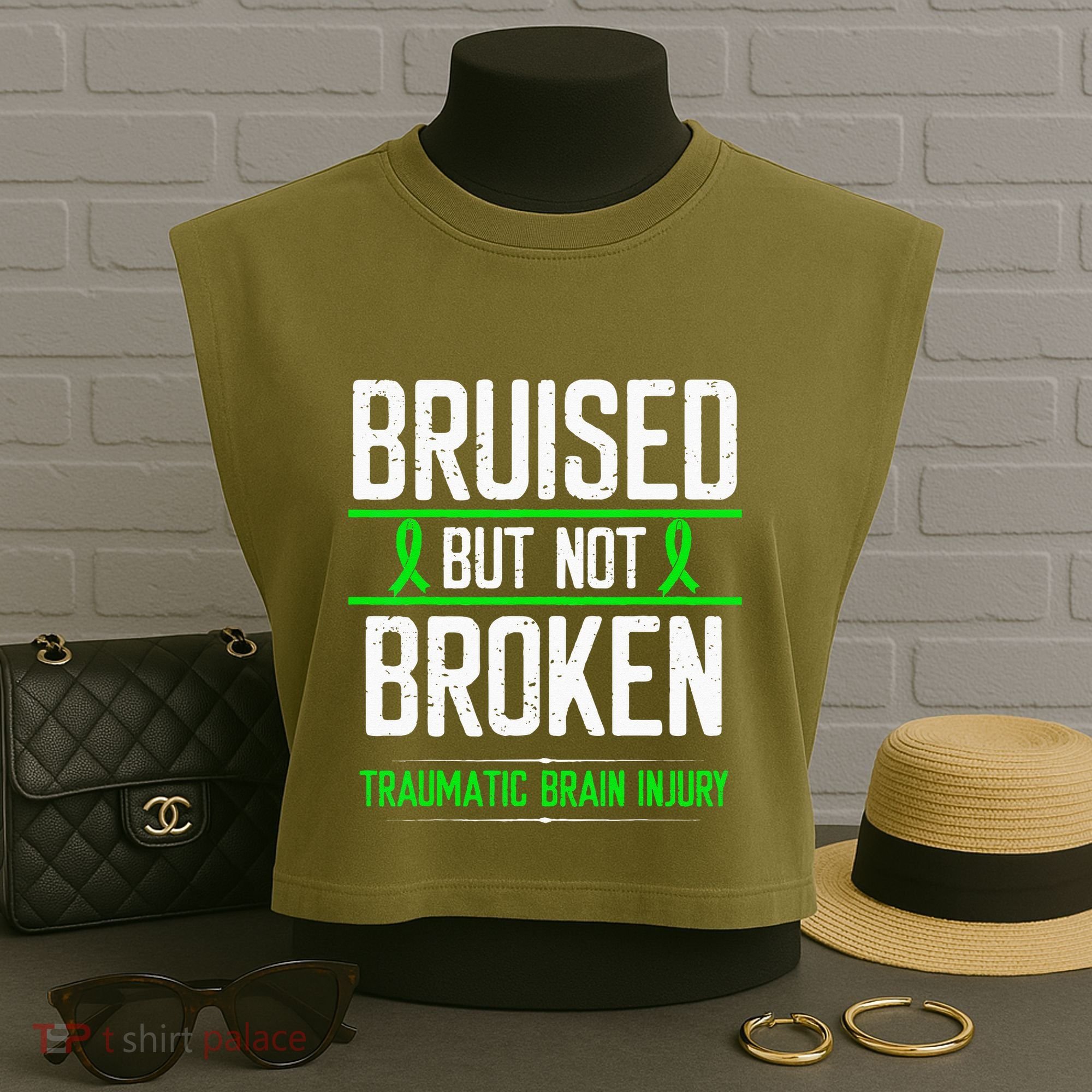 Traumatic Brain Injury Awareness Bruised Broken Green Ribbon Garment-Dyed Women's Muscle Tee