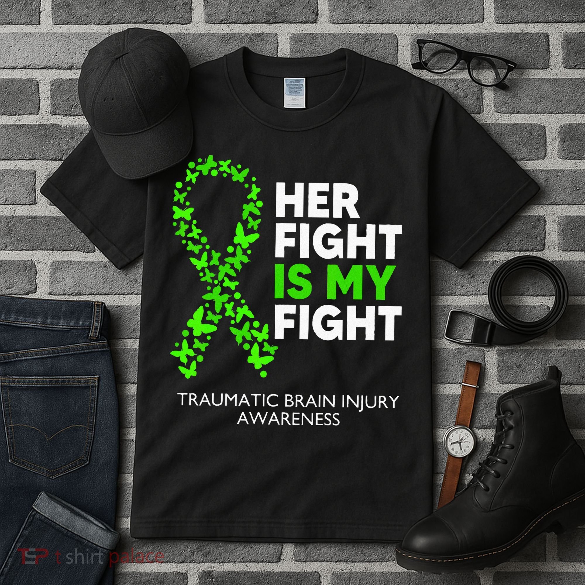 Traumatic Brain Injury Awareness Her Fight Green Ribbon Tall T-Shirt