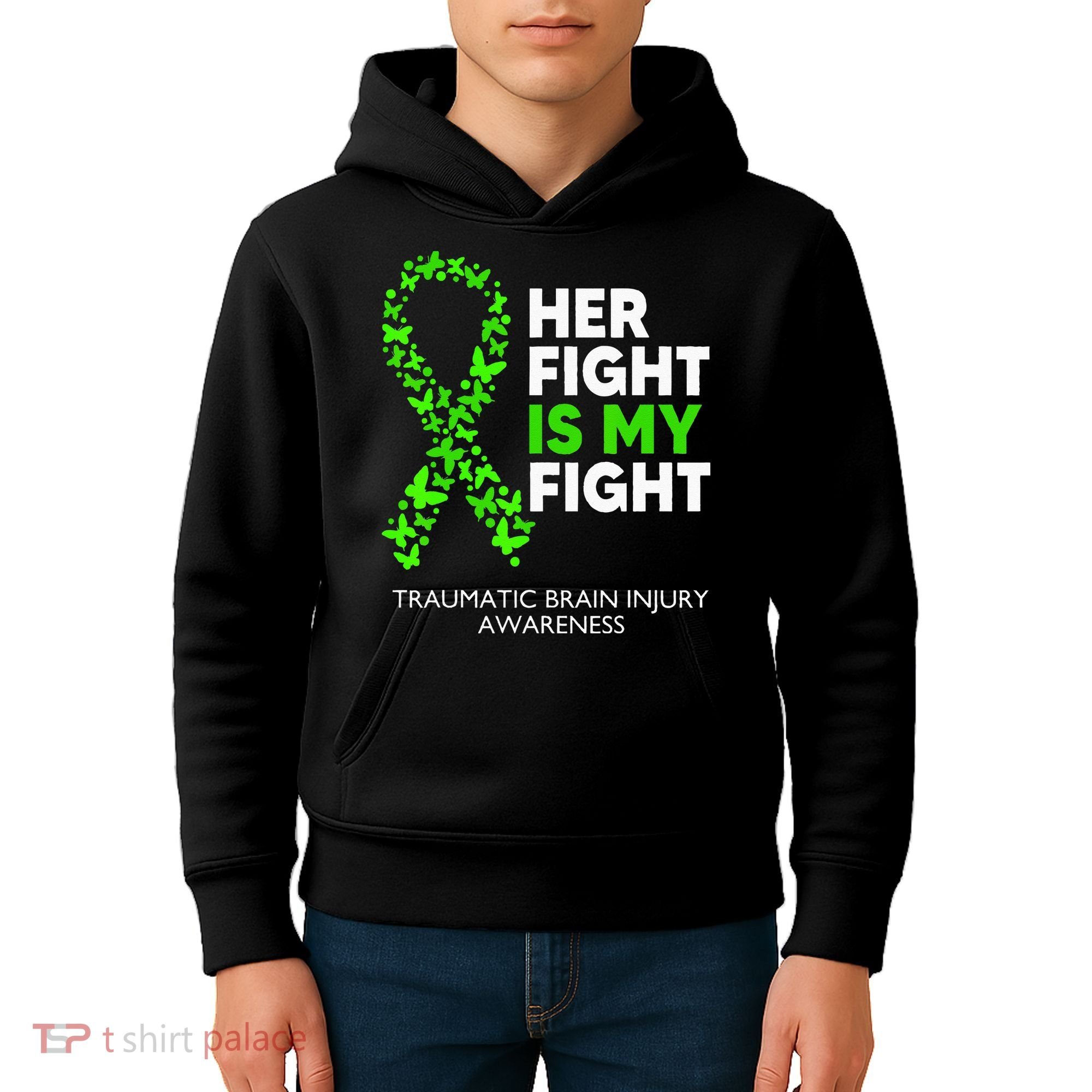 Traumatic Brain Injury Awareness Her Fight Green Ribbon Kids Hoodie