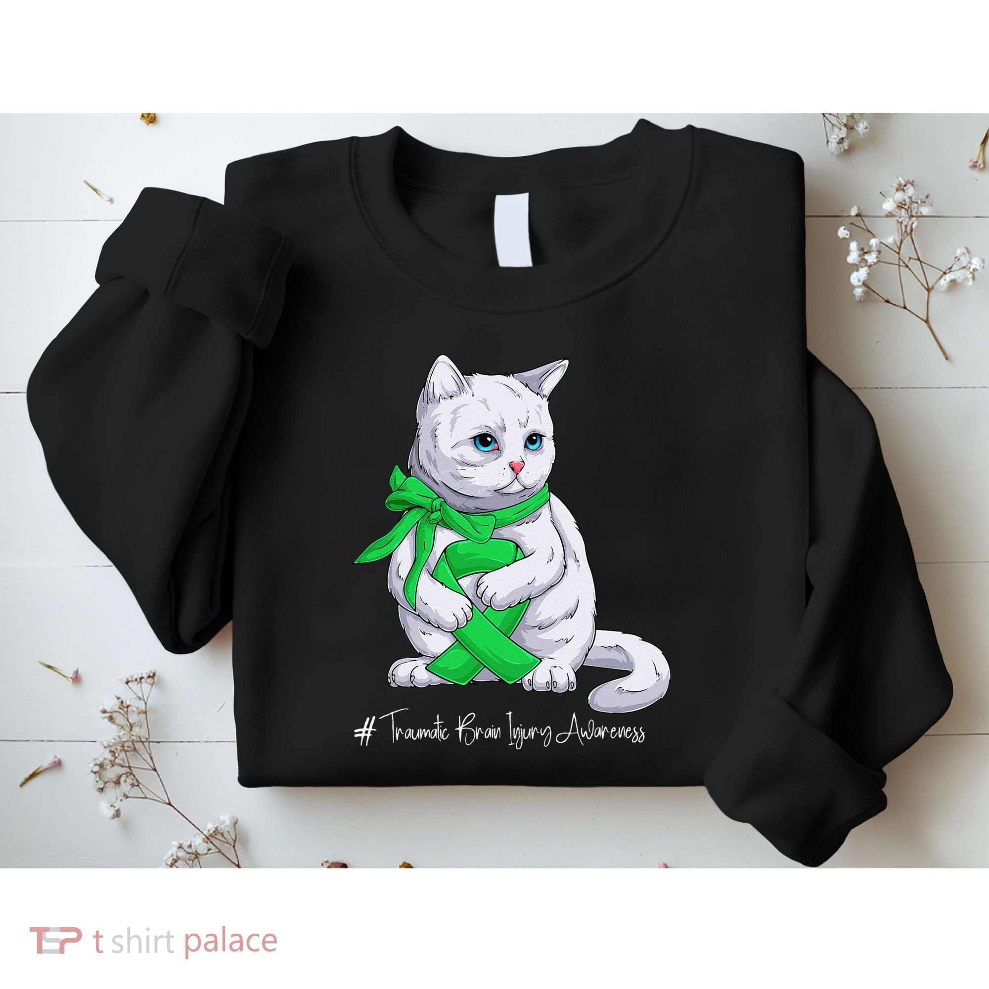 Traumatic Brain Injury Awareness Month Green Ribbon Cat Sweatshirt