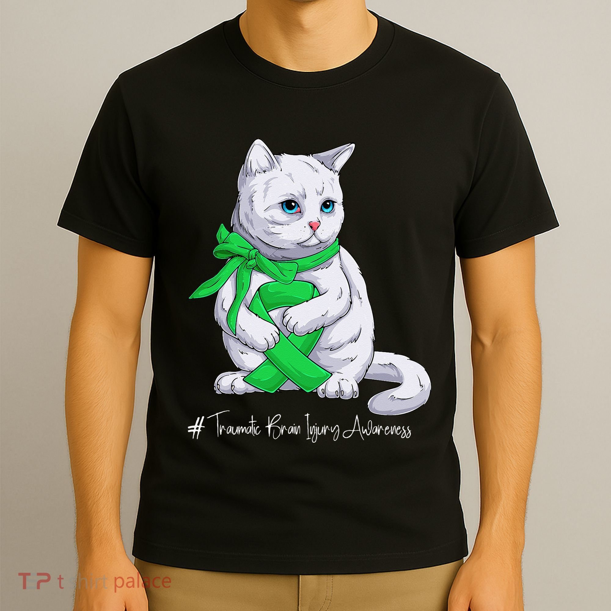 Traumatic Brain Injury Awareness Month Green Ribbon Cat T-Shirt