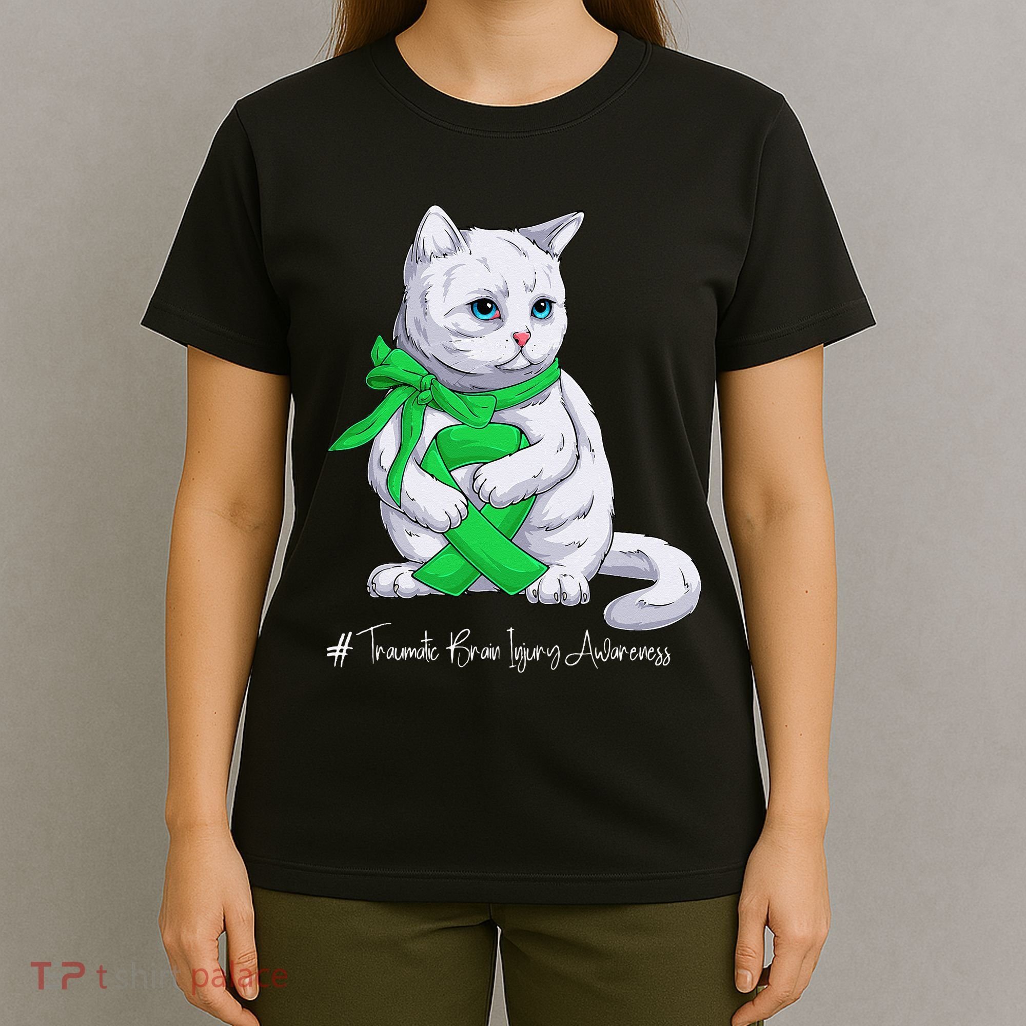 Traumatic Brain Injury Awareness Month Green Ribbon Cat T-Shirt