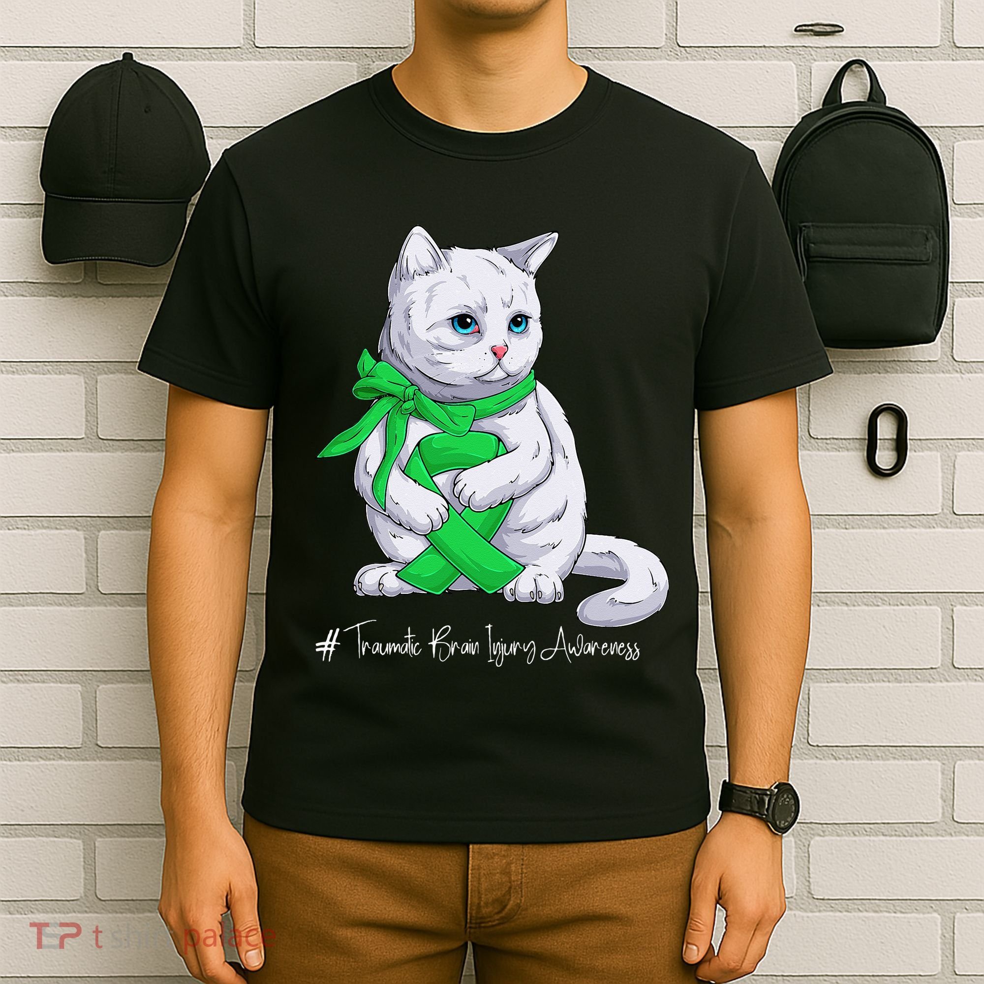 Traumatic Brain Injury Awareness Month Green Ribbon Cat T-Shirt
