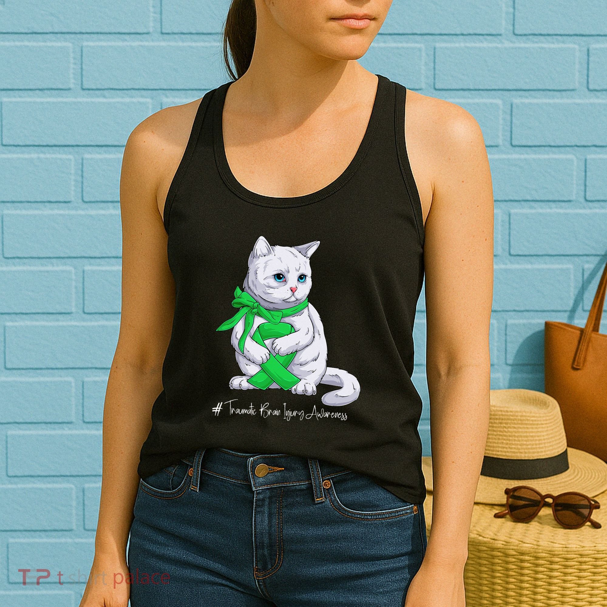 Traumatic Brain Injury Awareness Month Green Ribbon Cat Women's Tank Top