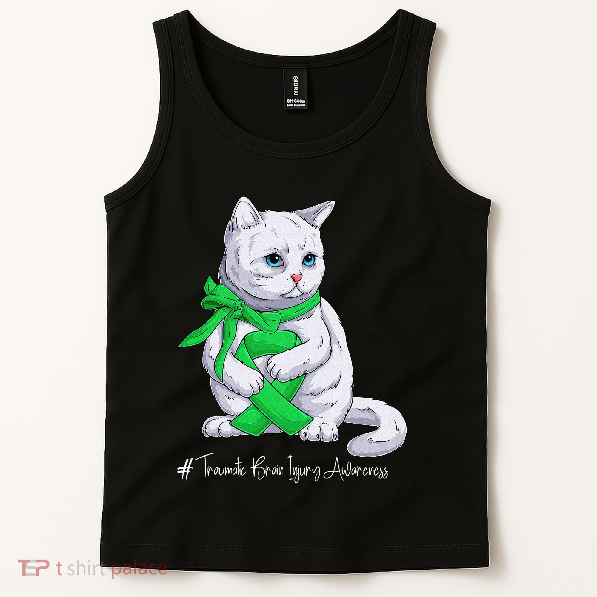 Traumatic Brain Injury Awareness Month Green Ribbon Cat Tank Top
