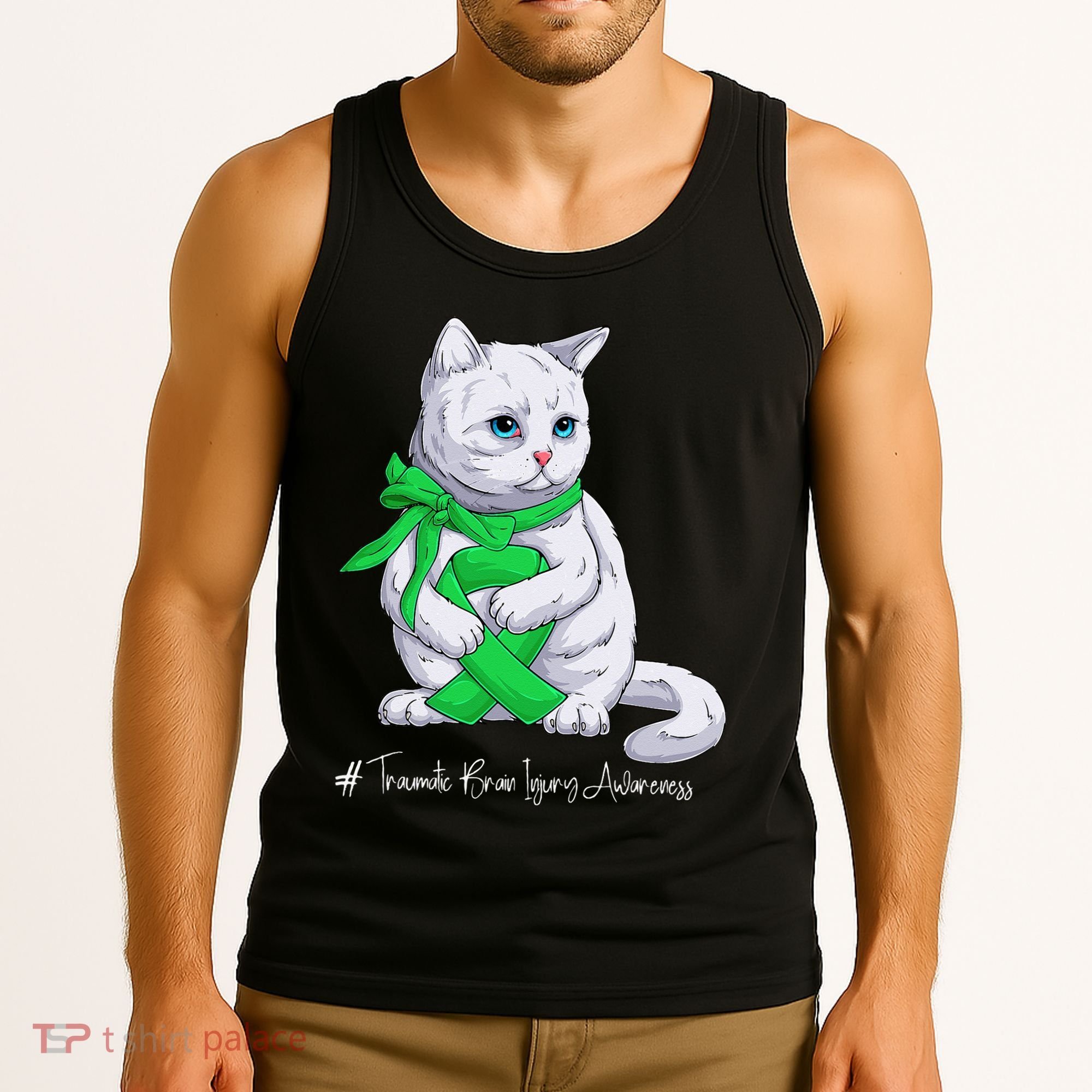 Traumatic Brain Injury Awareness Month Green Ribbon Cat Tank Top