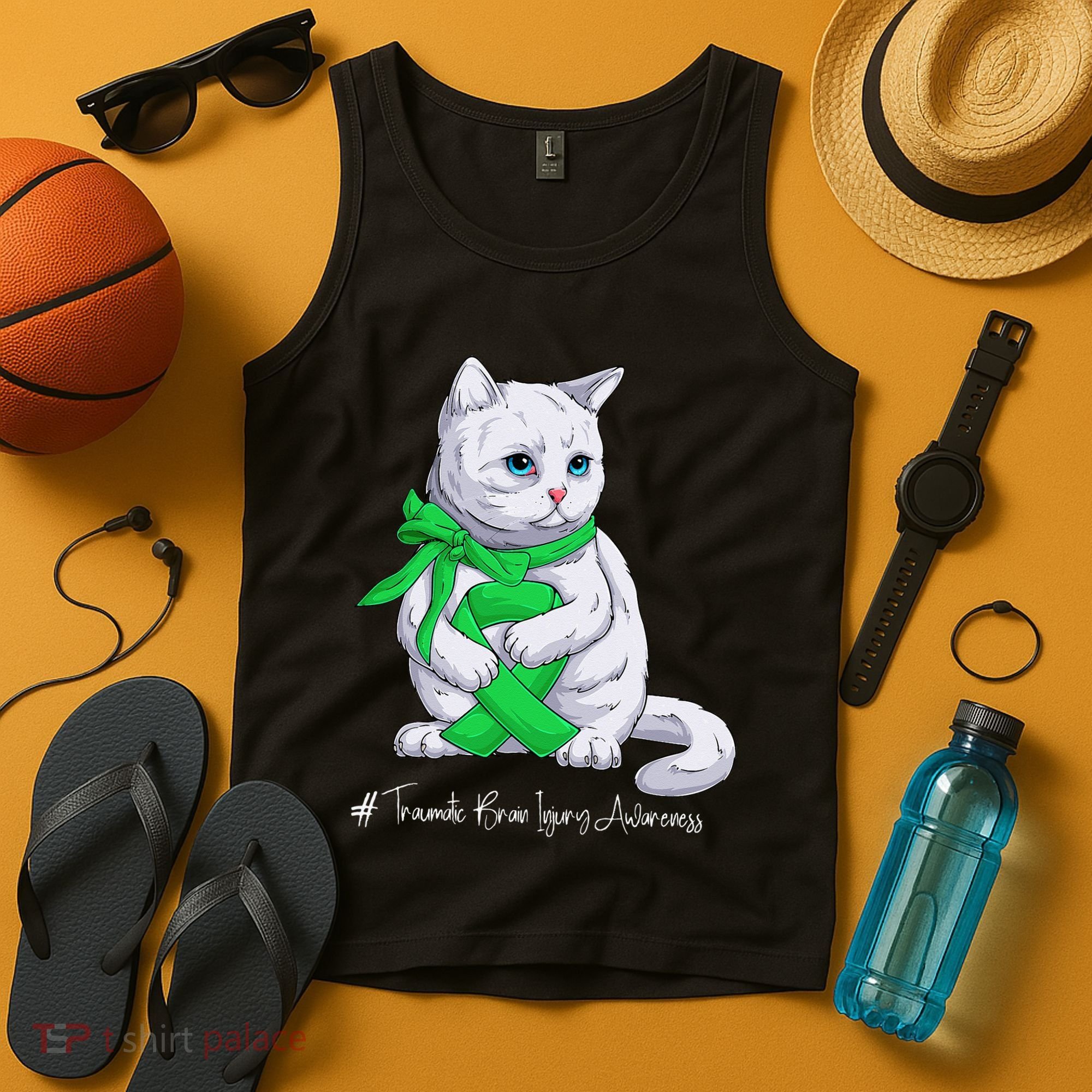 Traumatic Brain Injury Awareness Month Green Ribbon Cat Tank Top