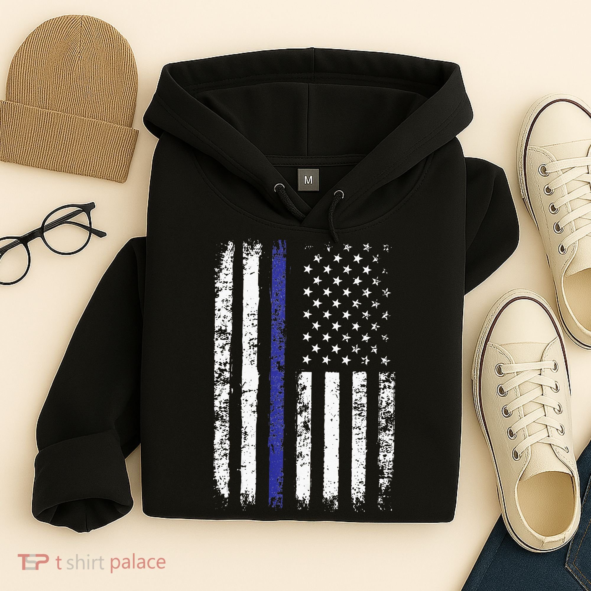 Thin Blue Line American Flag Police Officer Back Dad Gift Hoodie