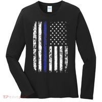 Thin Blue Line American Flag Police Officer Back Dad Gift Women's Long Sleeve Shirt thumb 0