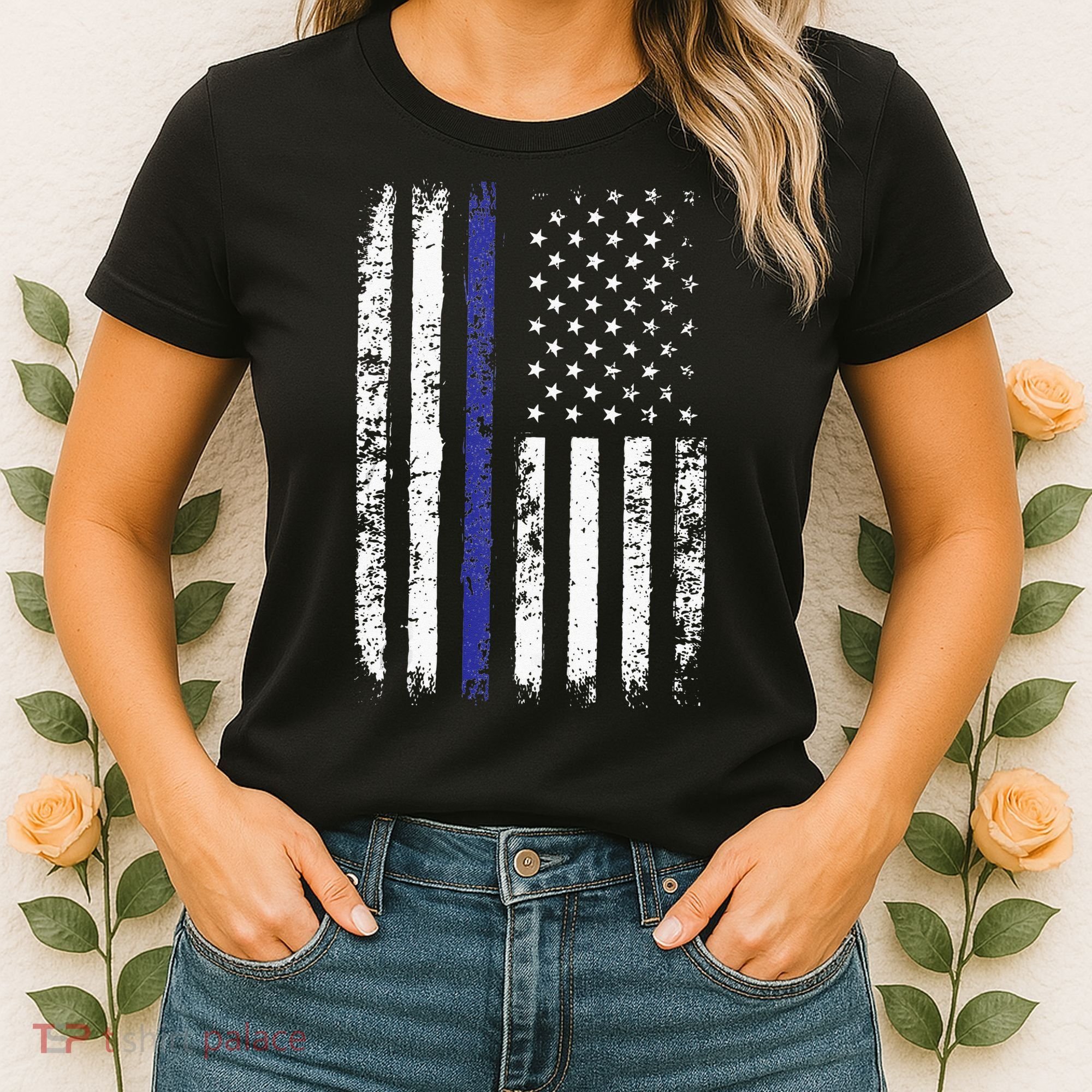 Thin Blue Line American Flag Police Officer Back Dad Gift Women's T-Shirt