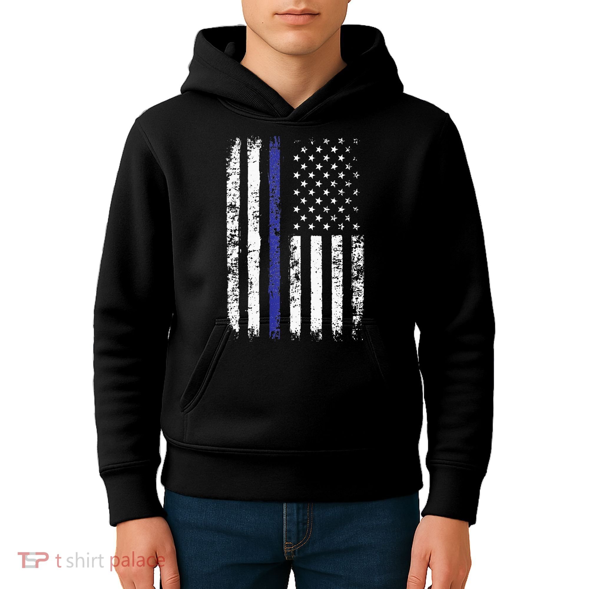 Thin Blue Line American Flag Police Officer Back Dad Gift Kids Hoodie