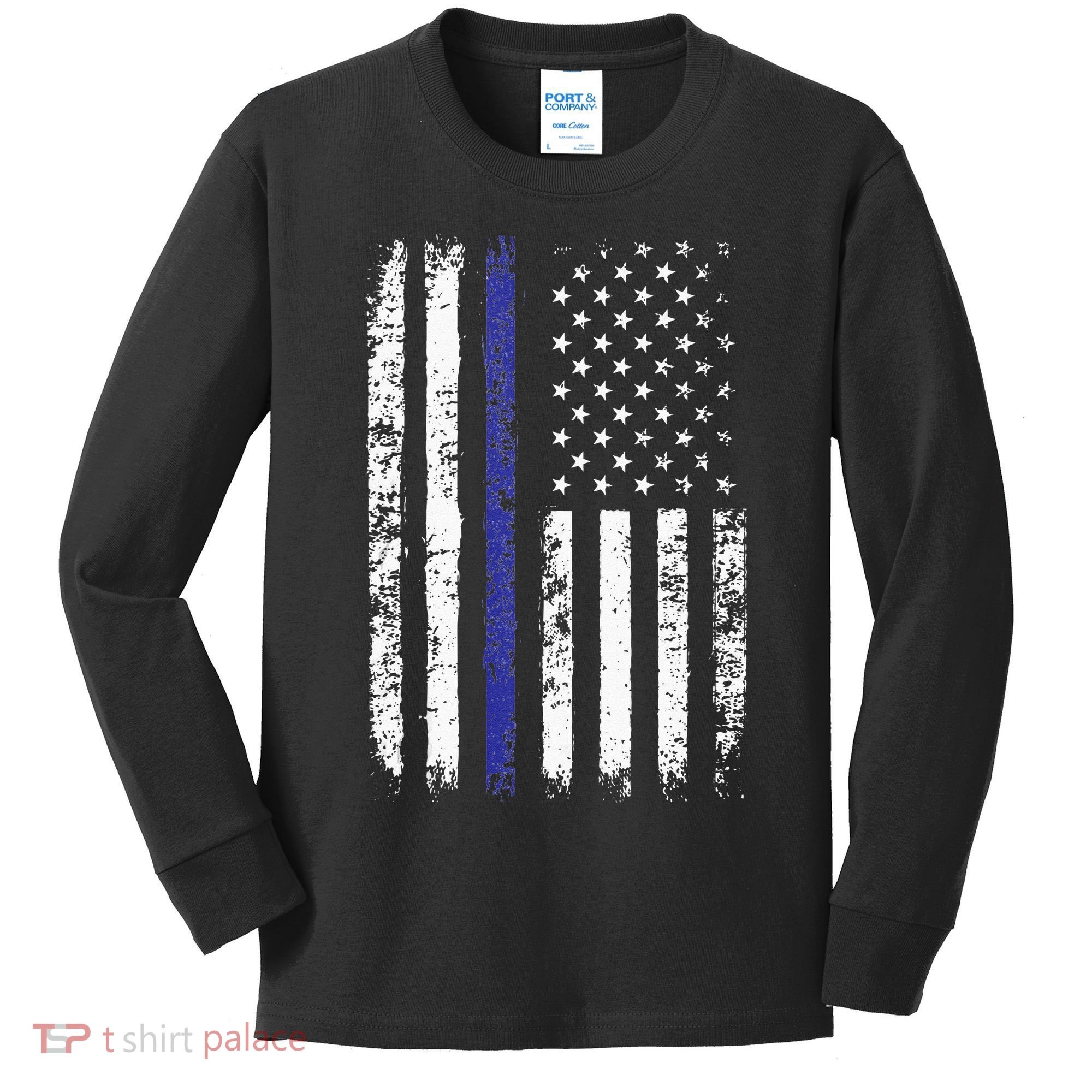 Thin Blue Line American Flag Police Officer Back Dad Gift Kids Long Sleeve Shirt