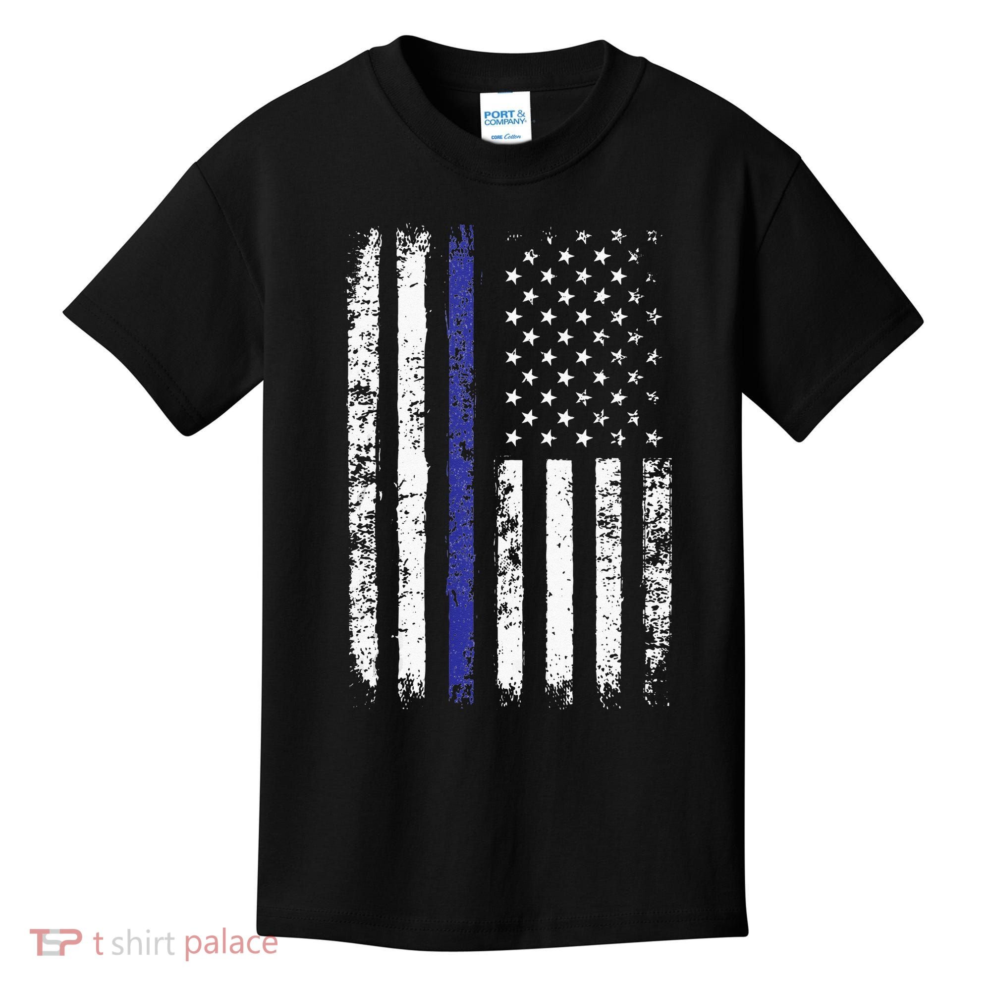 Thin Blue Line American Flag Police Officer Back Dad Gift Kids T-Shirt