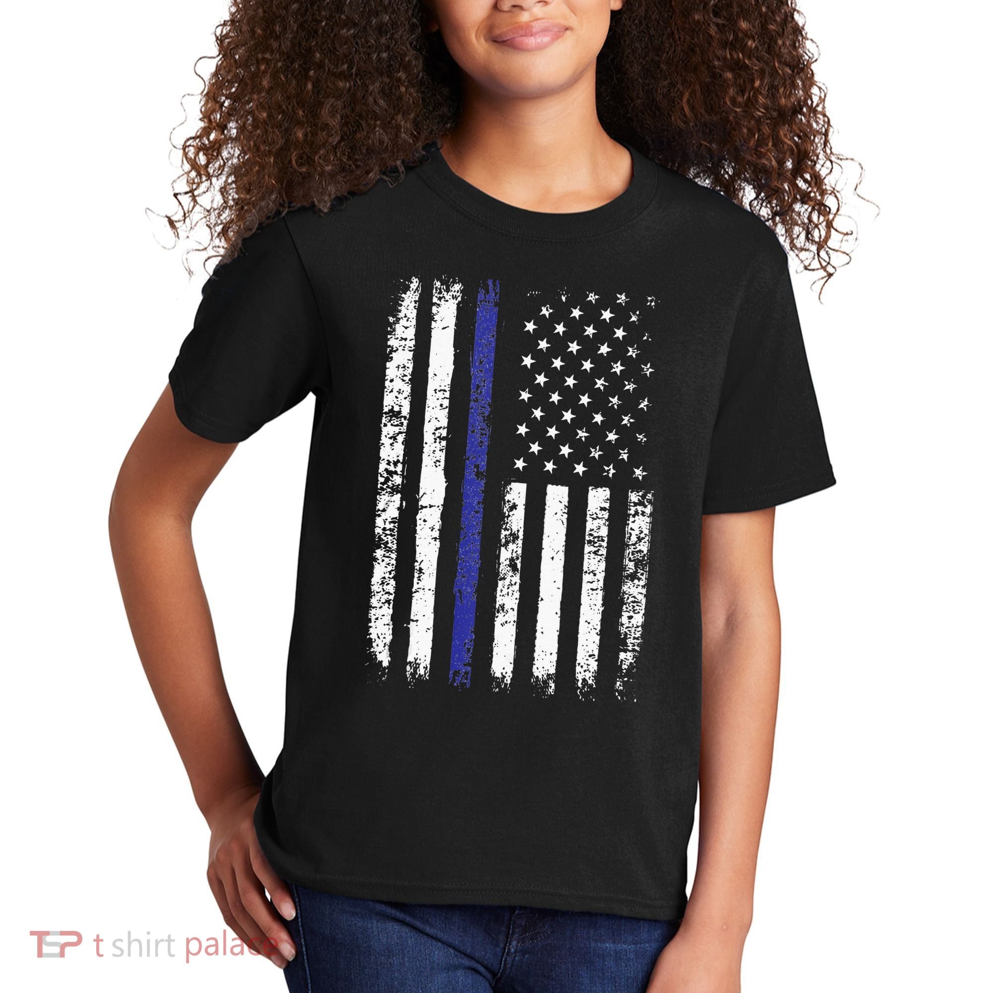 Thin Blue Line American Flag Police Officer Back Dad Gift Kids T-Shirt