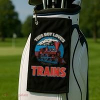 This Boy Loves Trains Locomotives And Wagon! Boys Train Golf Towel thumb 2