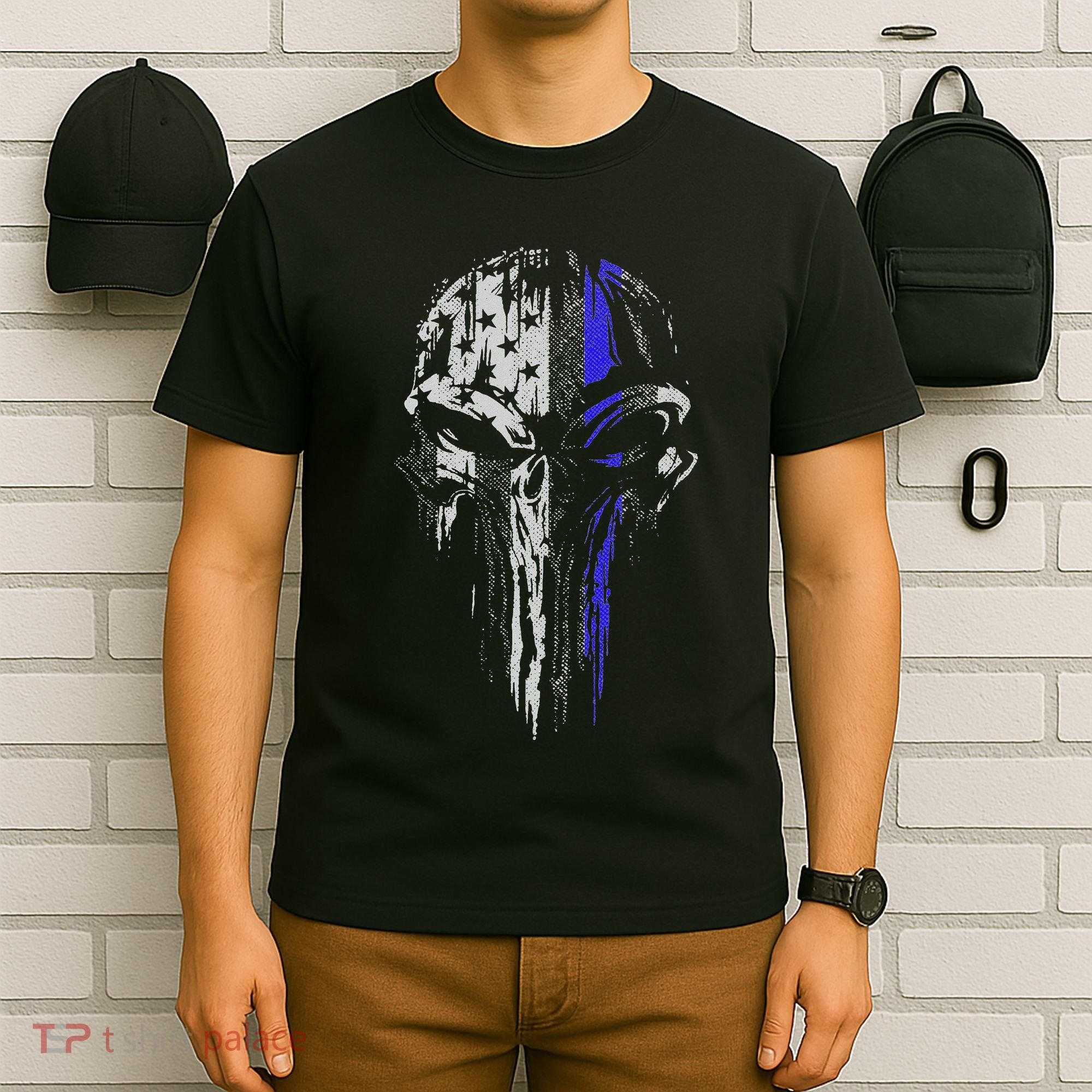 Thin Blue Line S Usa Flag Skull Police T-Shirt