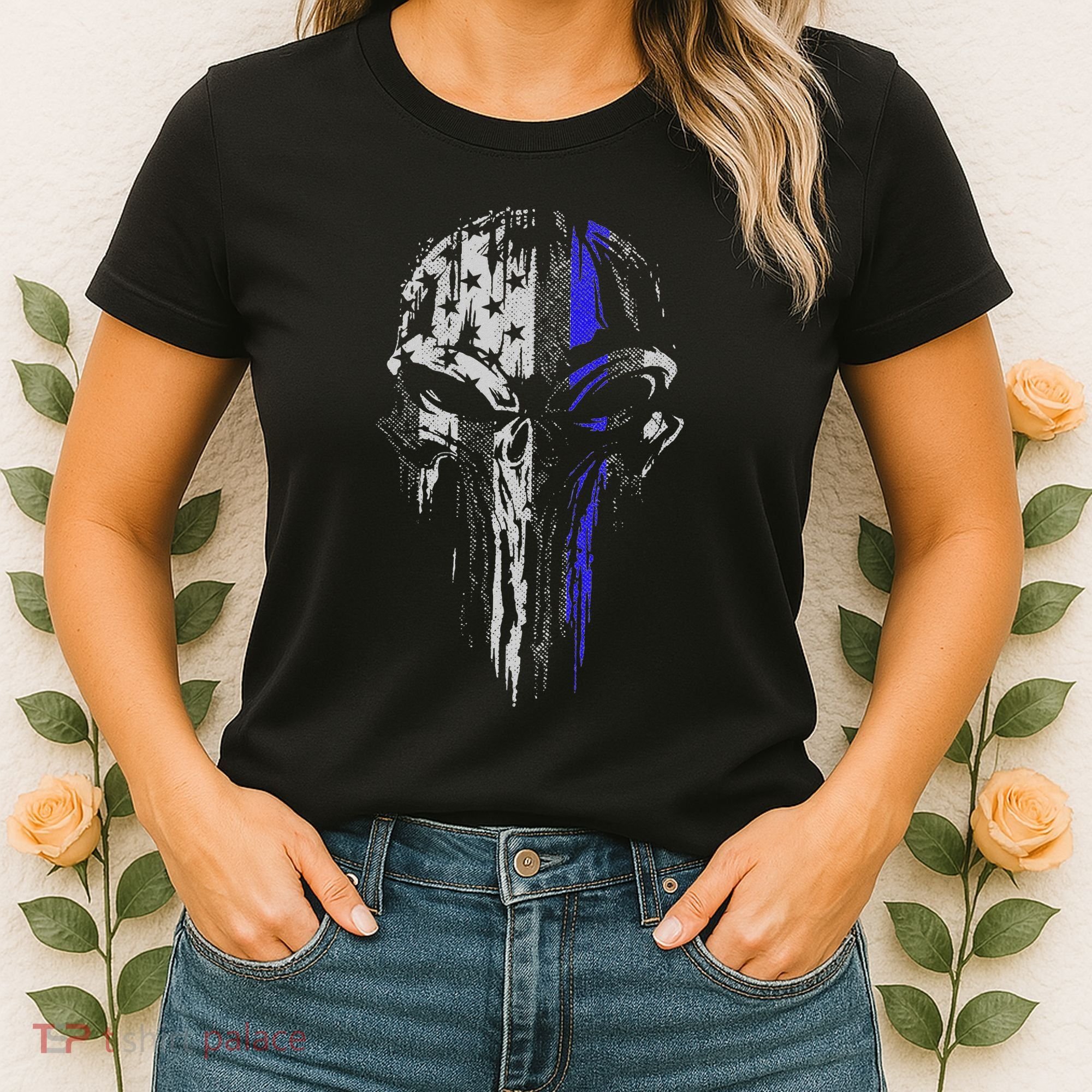 Thin Blue Line S Usa Flag Skull Police Women's T-Shirt