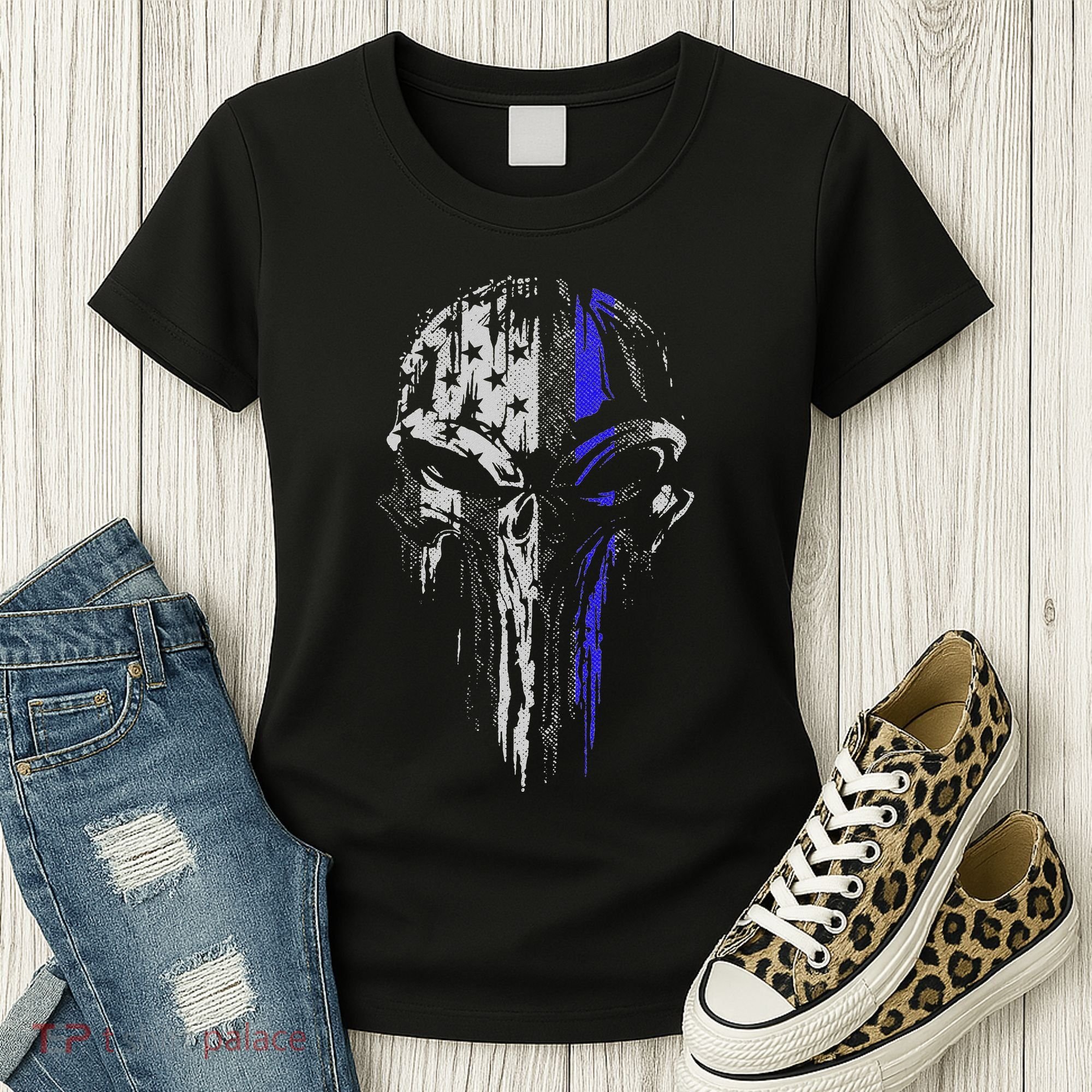 Thin Blue Line S Usa Flag Skull Police Women's T-Shirt