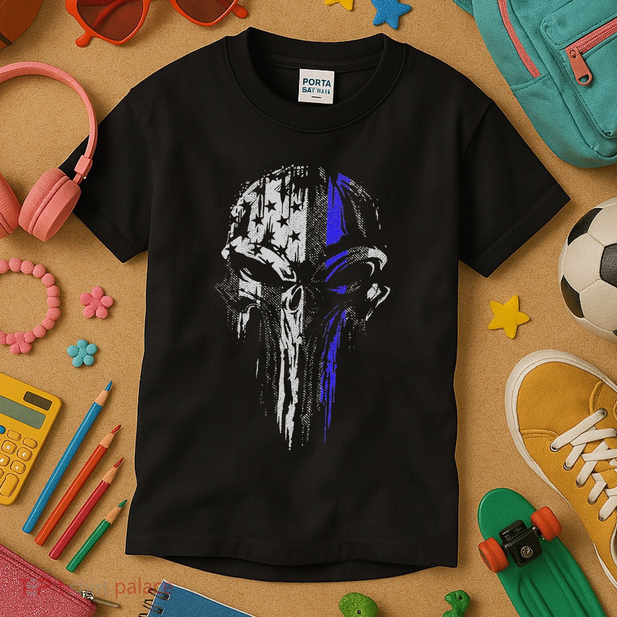 Thin Blue Line S Usa Flag Skull Police Kids T-Shirt