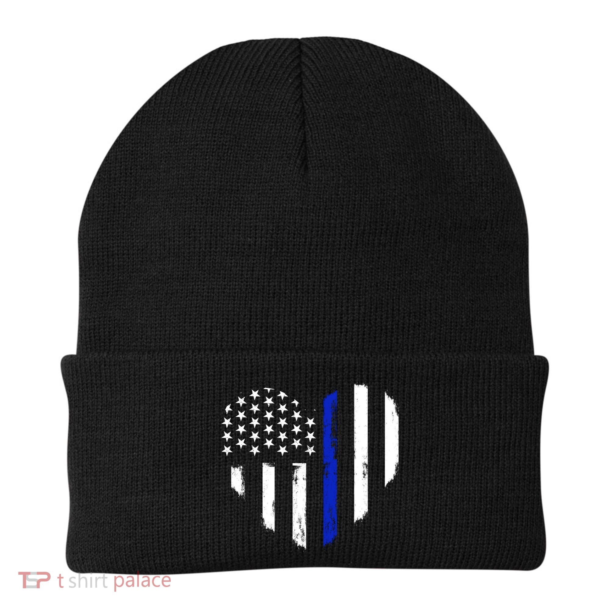 Thin Blue Line Heart Flag Police Officer Support Gift Beanie