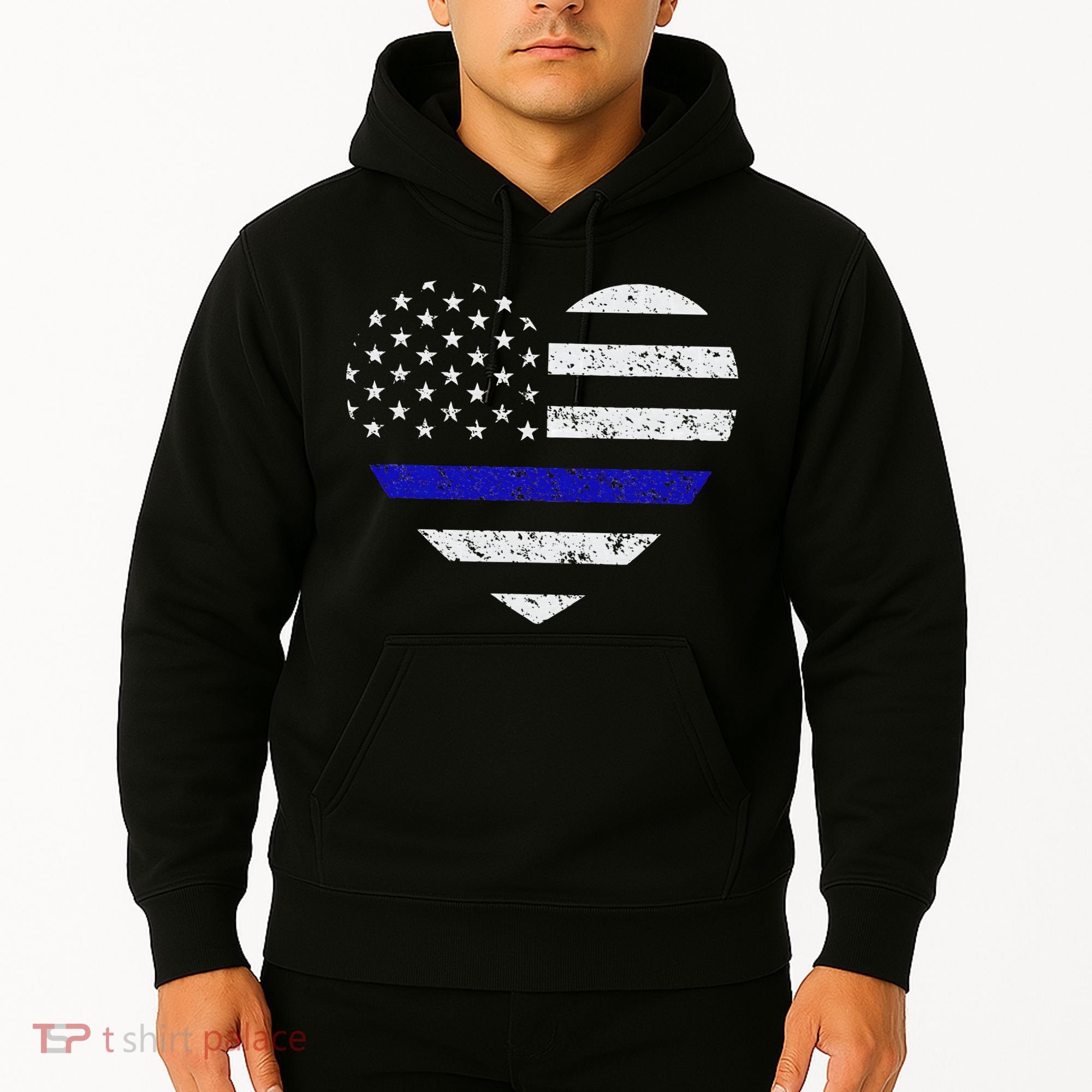 Thin Blue Line American Flag Heart Police Hoodie